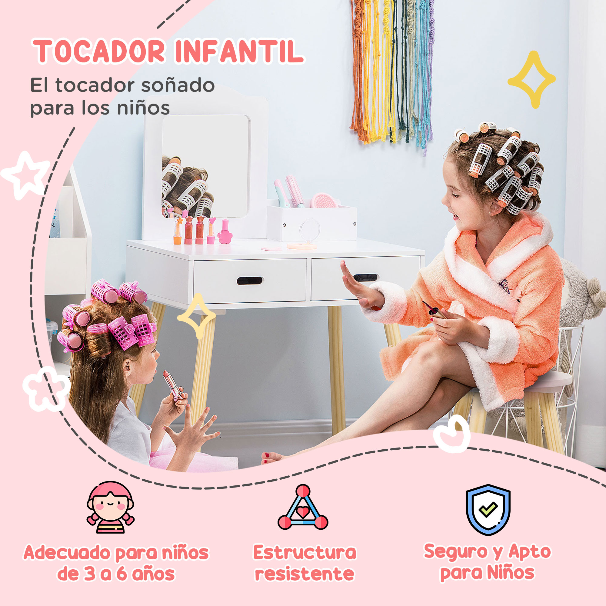 Dos niñas con rulos y maquillaje juegan en un tocador.