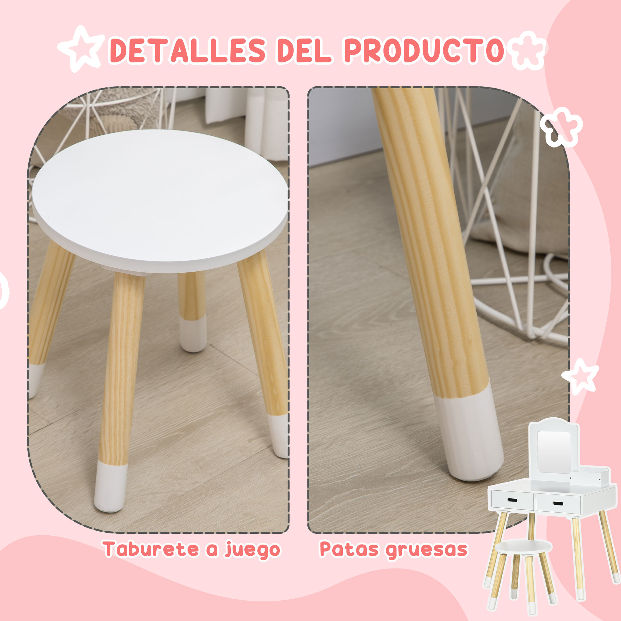 Un taburete blanco y un tocador blanco con patas de madera.