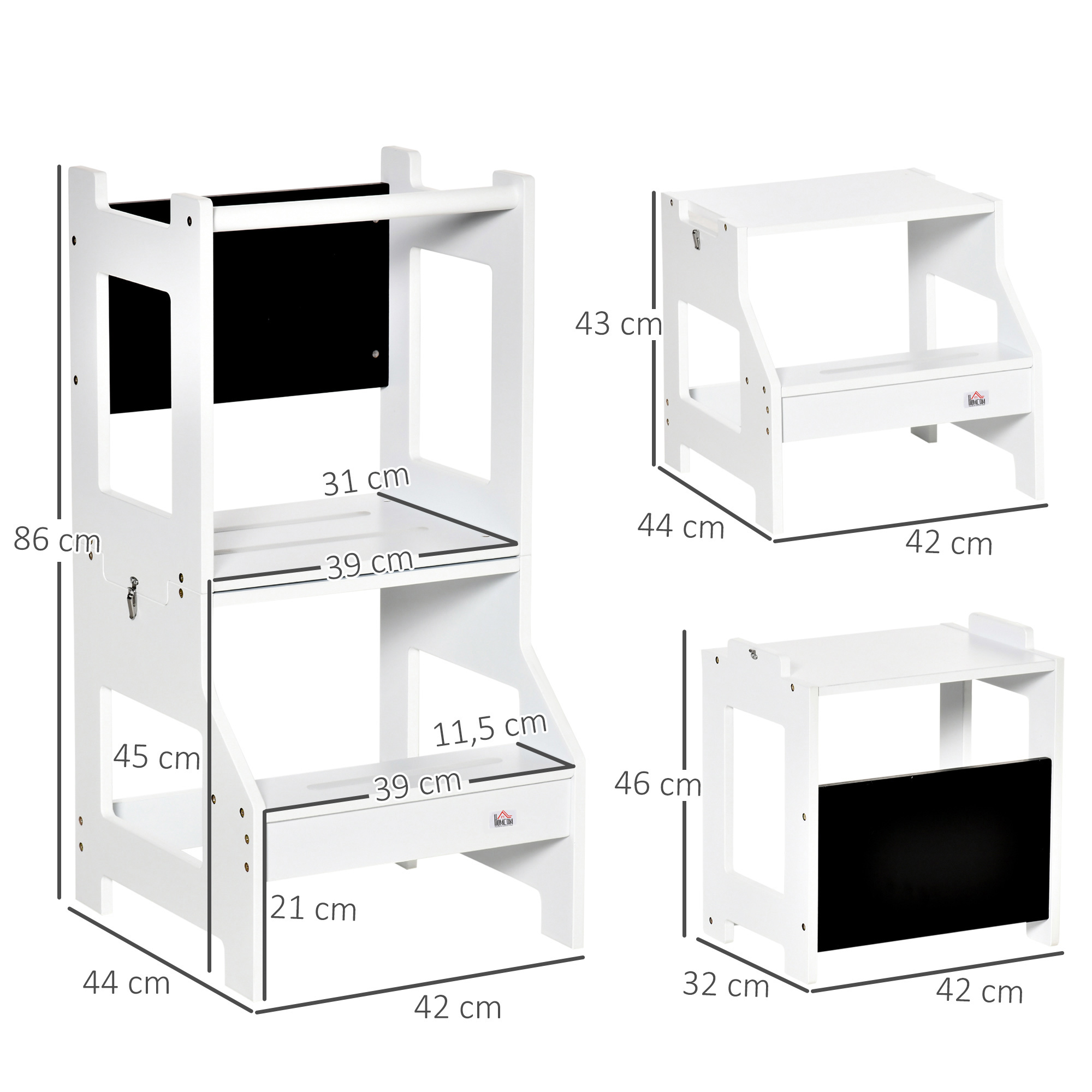 Torres de aprendizaje blancas con dimensiones. Una mide 86 cm.