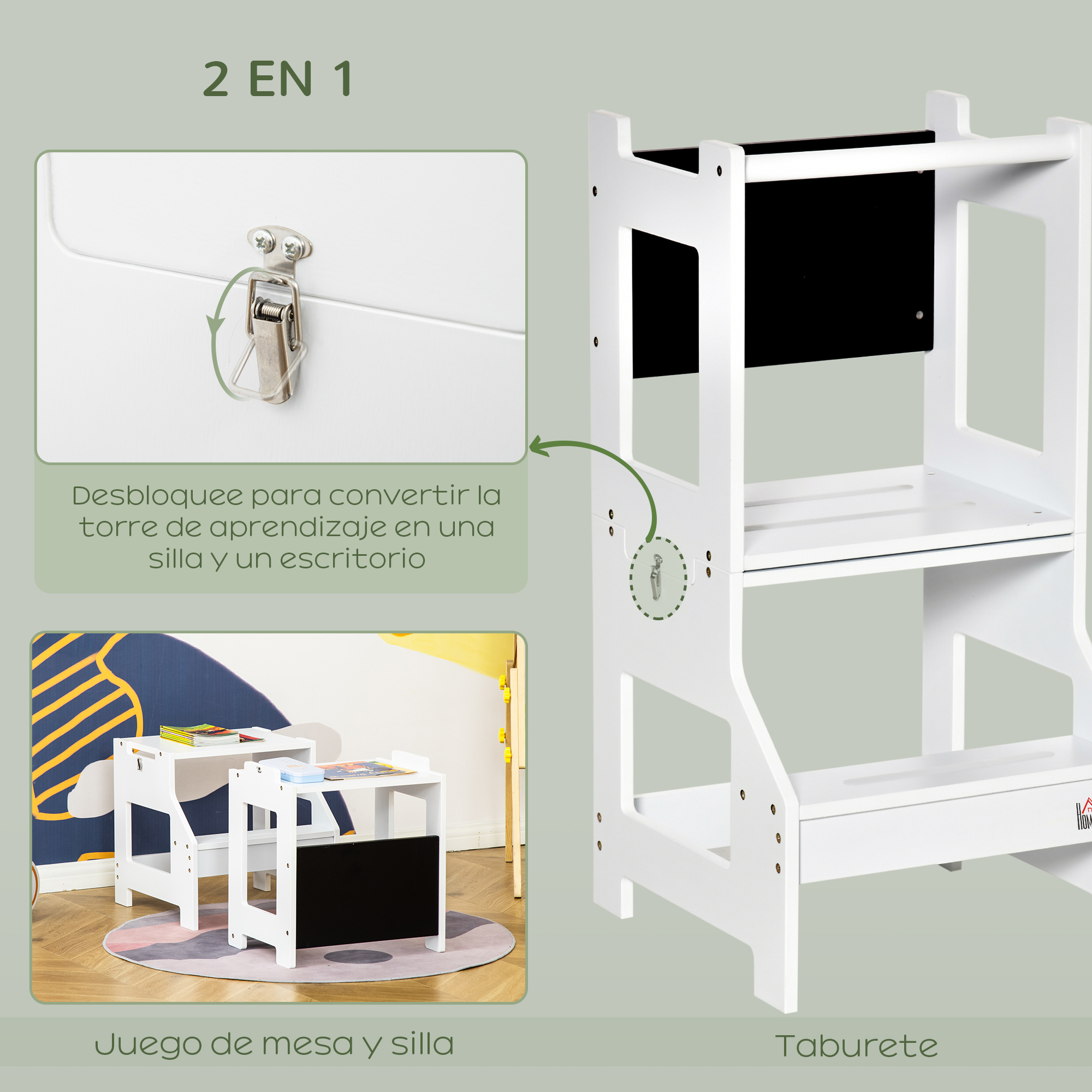 Torre de aprendizaje blanca con pizarra, escritorio y silla. Diseño 2 en 1.