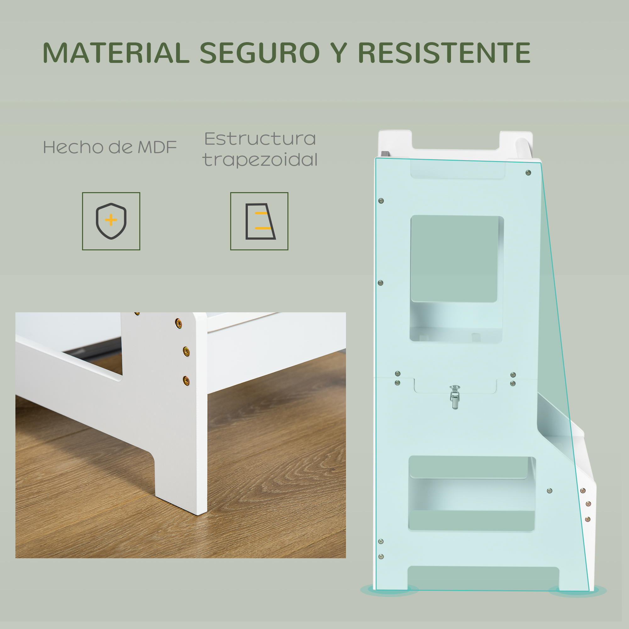 Construcción de MDF blanco con estructura trapezoidal y paneles transparentes.