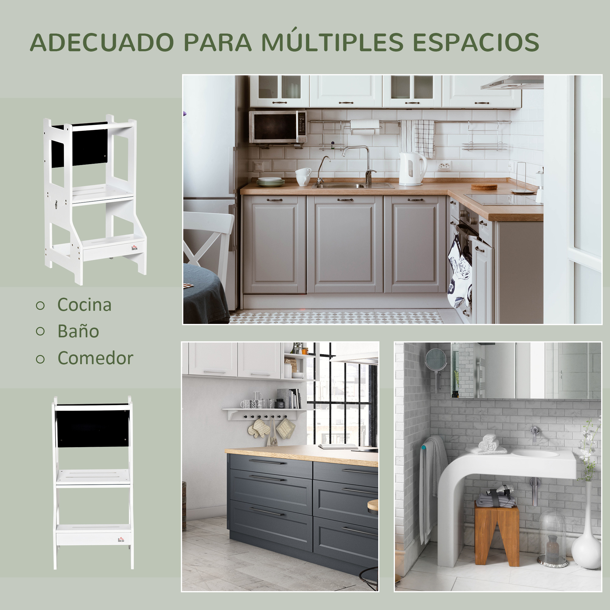 Un taburete blanco con pizarra junto a una cocina y un baño.