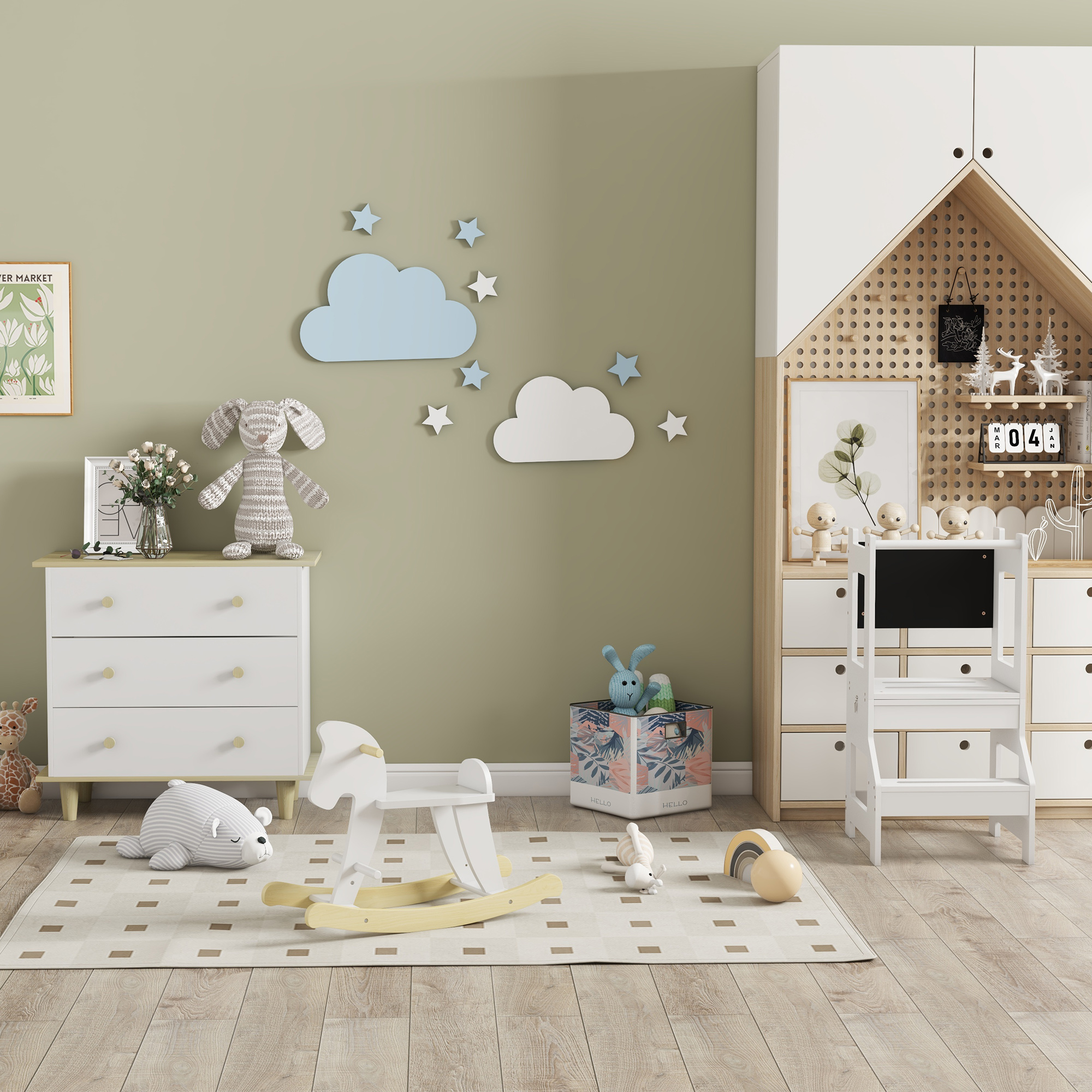 Habitación infantil con juguetes: conejo, jirafa, oso, caballo, bloques y arcoíris.