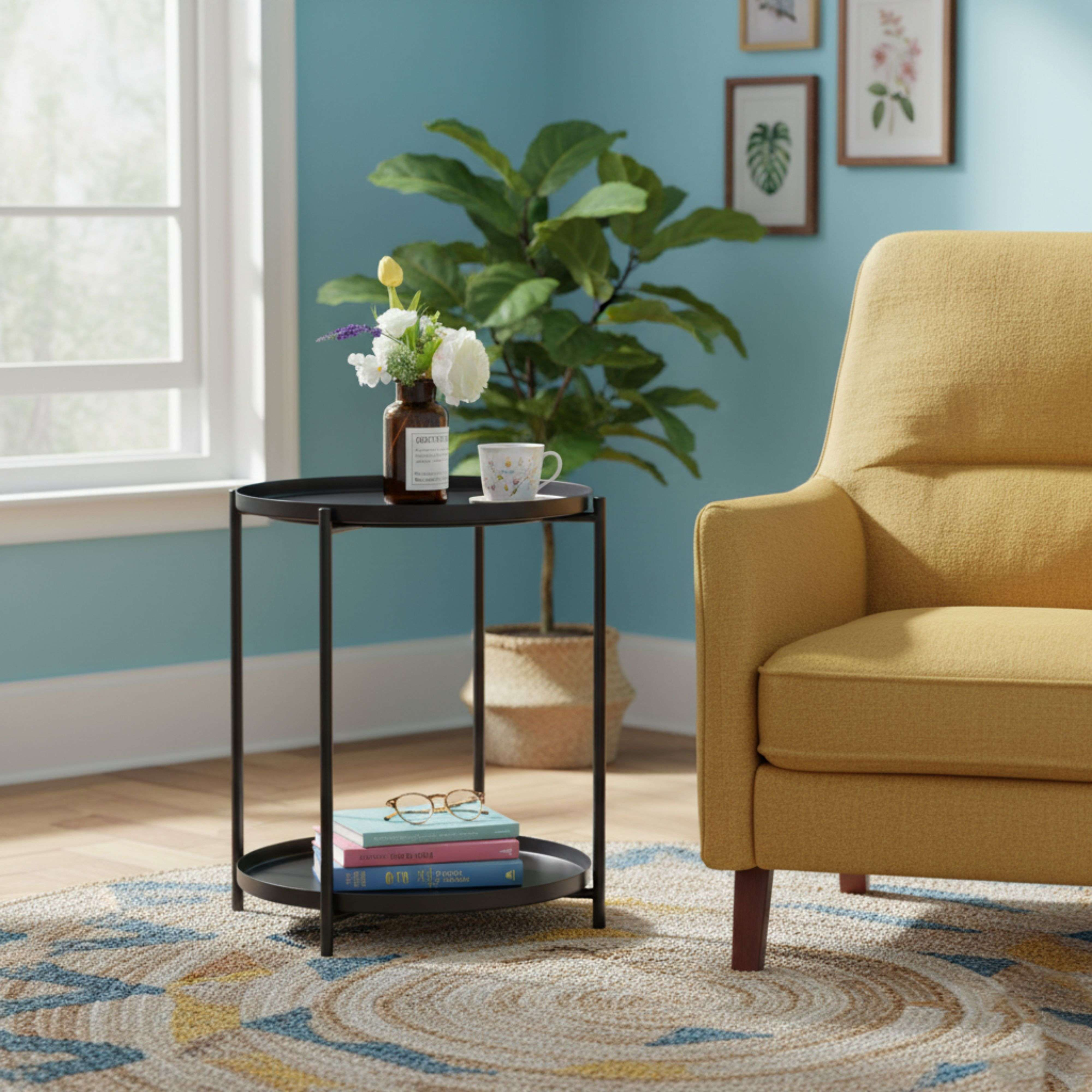 Un sillón amarillo junto a una mesa redonda con flores y libros.
