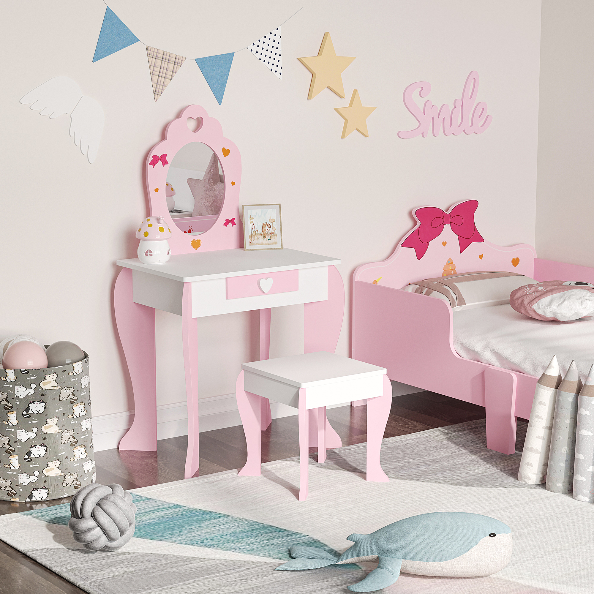 Un dormitorio infantil rosa con cama, tocador y juguetes.