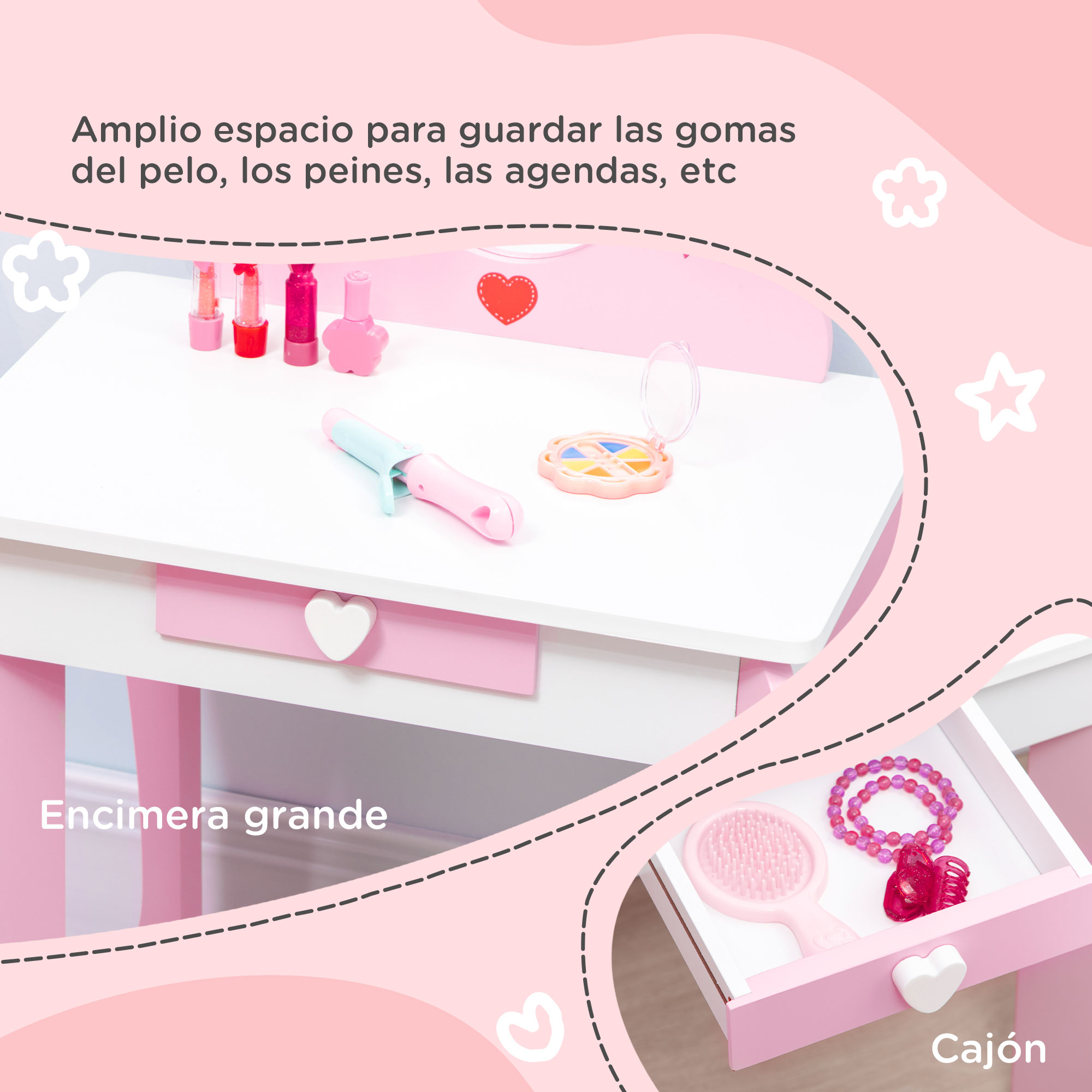 Tocador rosa con maquillaje de juguete, cepillo, pulsera y labiales. Cajón abierto.