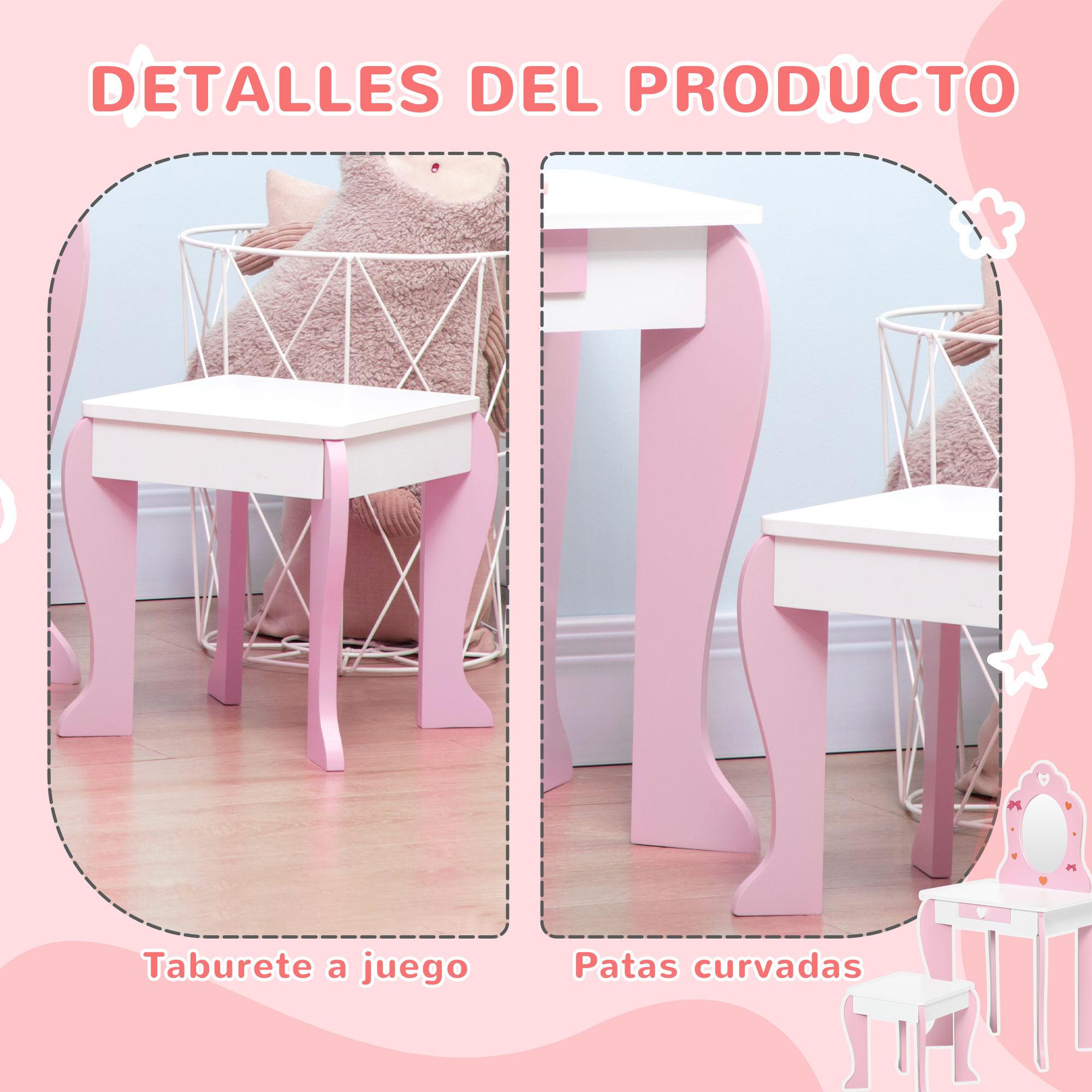 Un tocador infantil rosa con dos taburetes y un espejo.
