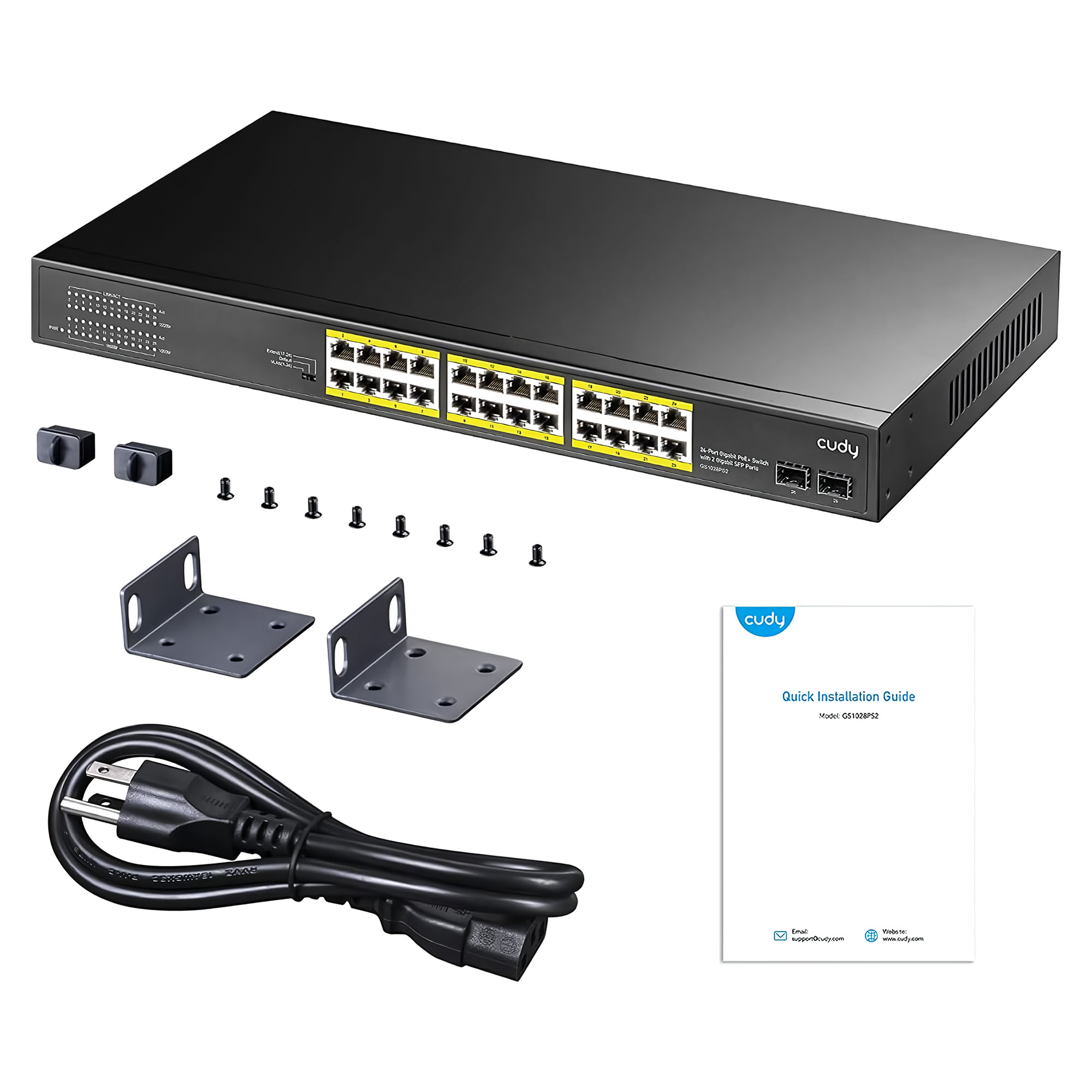 2 adet SFP portlu siyah 24 portlu Gigabit PoE+ switch, montaj braketleri, kablo ve kılavuz.