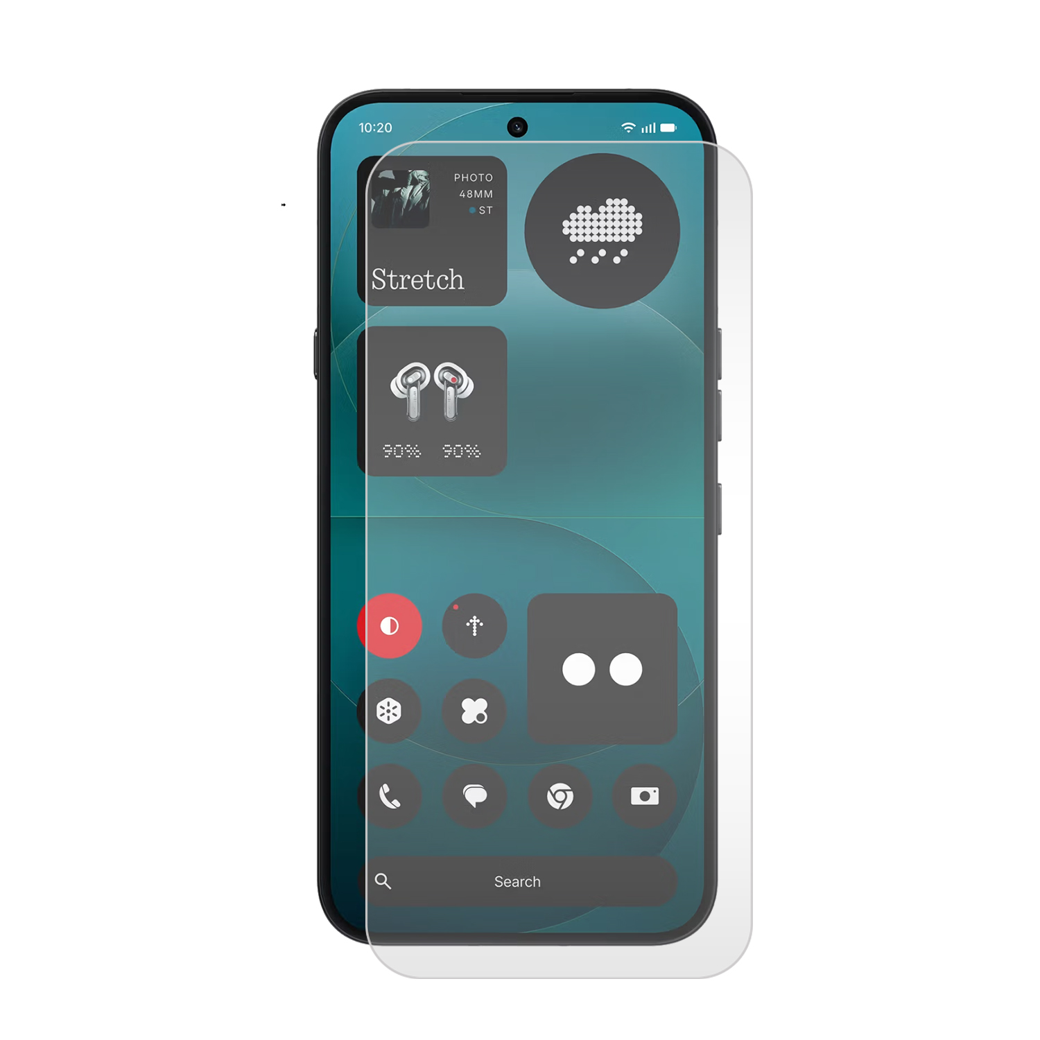 Smartphone met doorzichtige schermprotector. Toont widgets zoals foto, weer en koptelefoon.