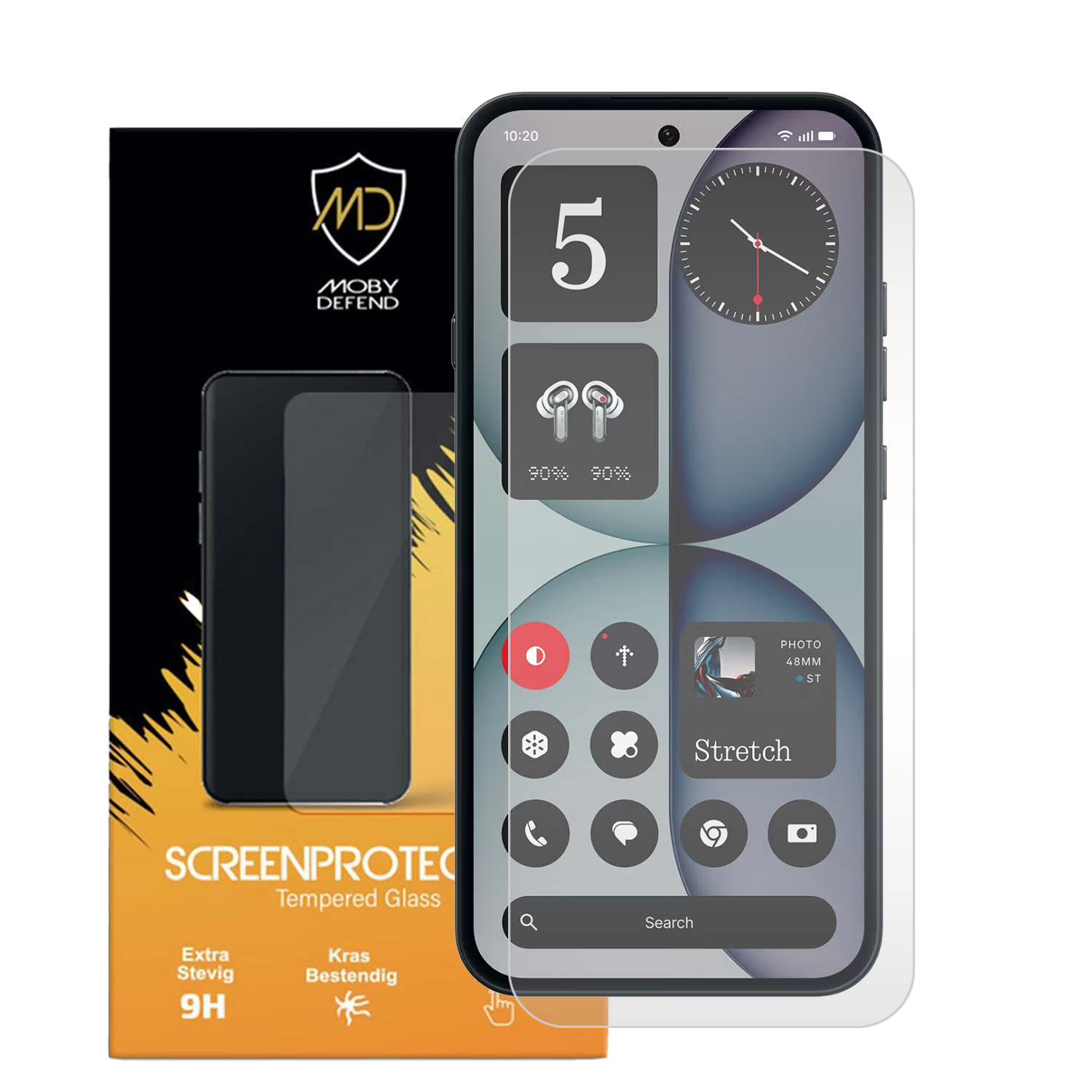 Verpakking en gehard glazen schermprotector voor een smartphone.