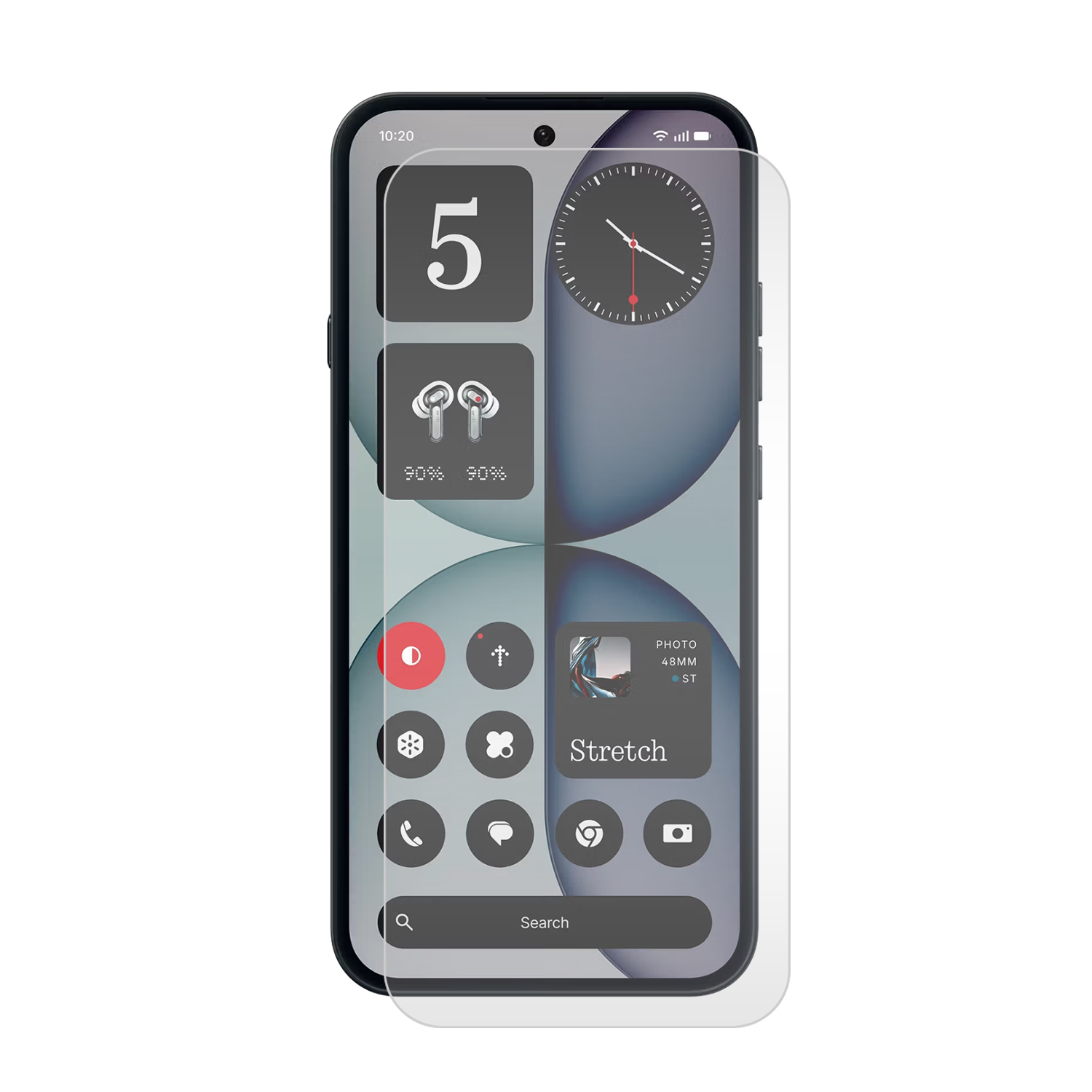 Een smartphone met widgets: klok, cijfer 5, oordopjes, foto en zoekbalk.