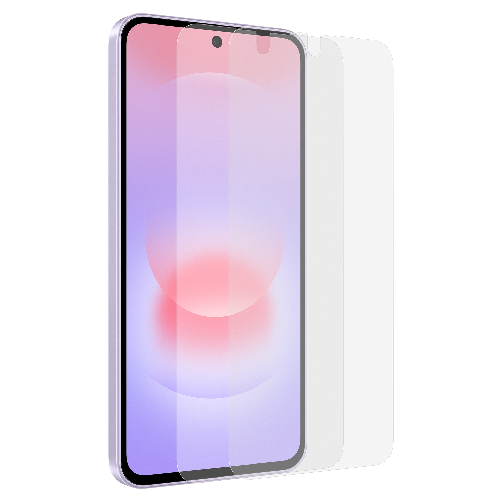 Un smartphone violet avec un protecteur d'écran appliqué. Fond blanc.