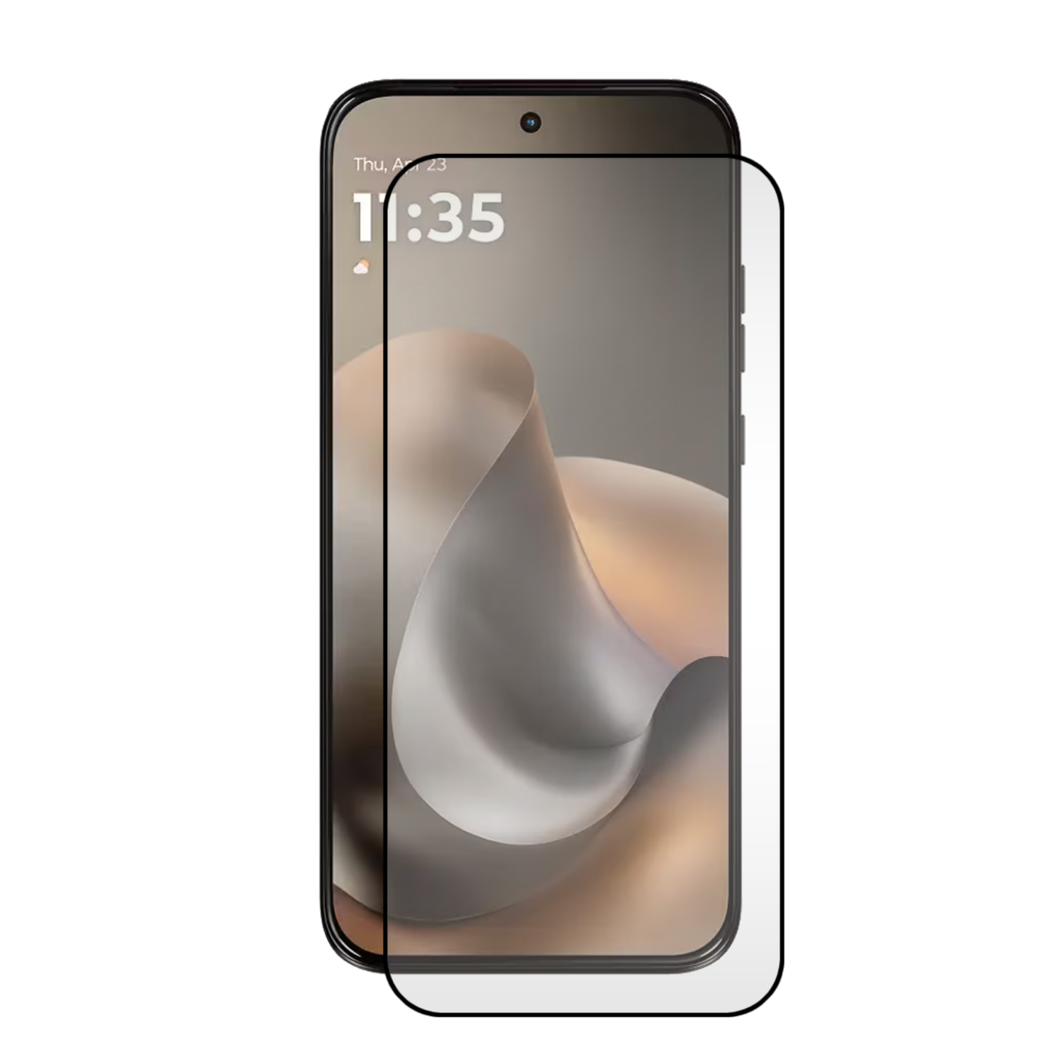 A smartphone with a screen protector laid over the display.