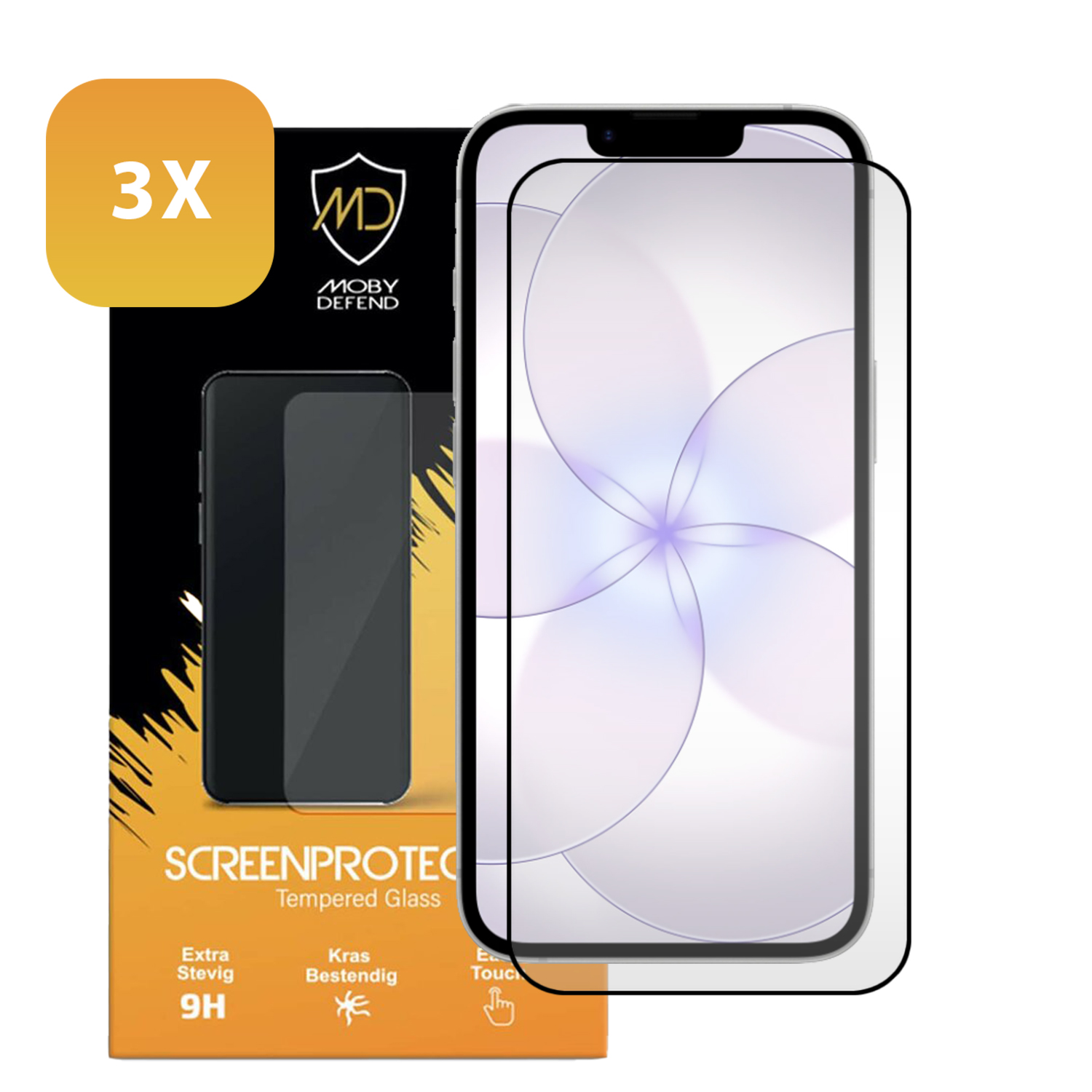 Trois protecteurs d'écran Moby Defend pour smartphones. Un est sur un smartphone.