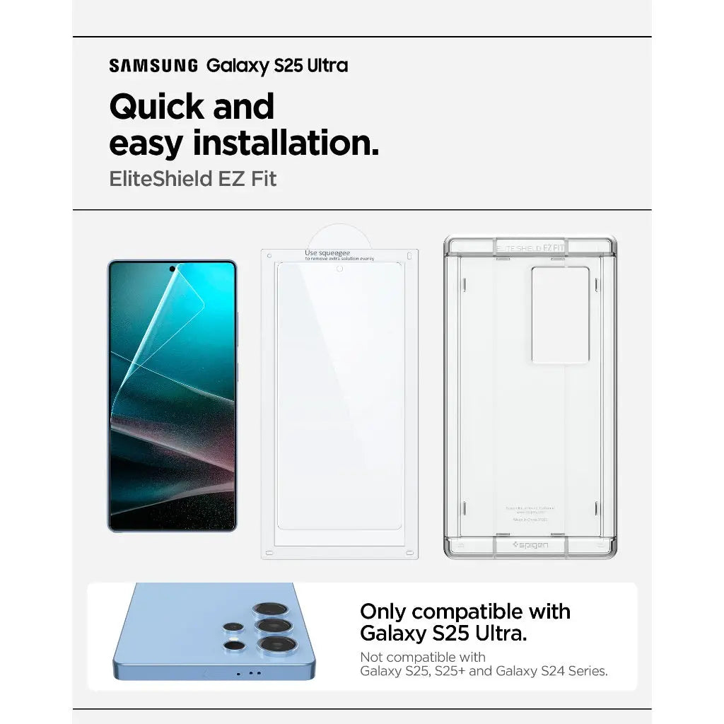 Kit de protection d'écran Samsung Galaxy S25 Ultra avec guide d'installation.