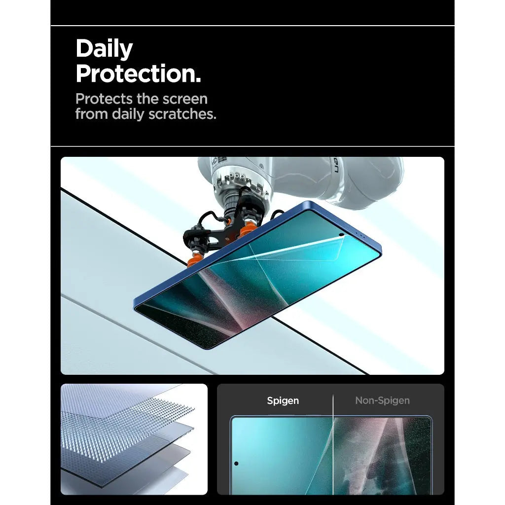 Bras robotisé applique un protecteur d'écran sur un téléphone bleu. Dessous : couches et Spigen vs. Non-Spigen.