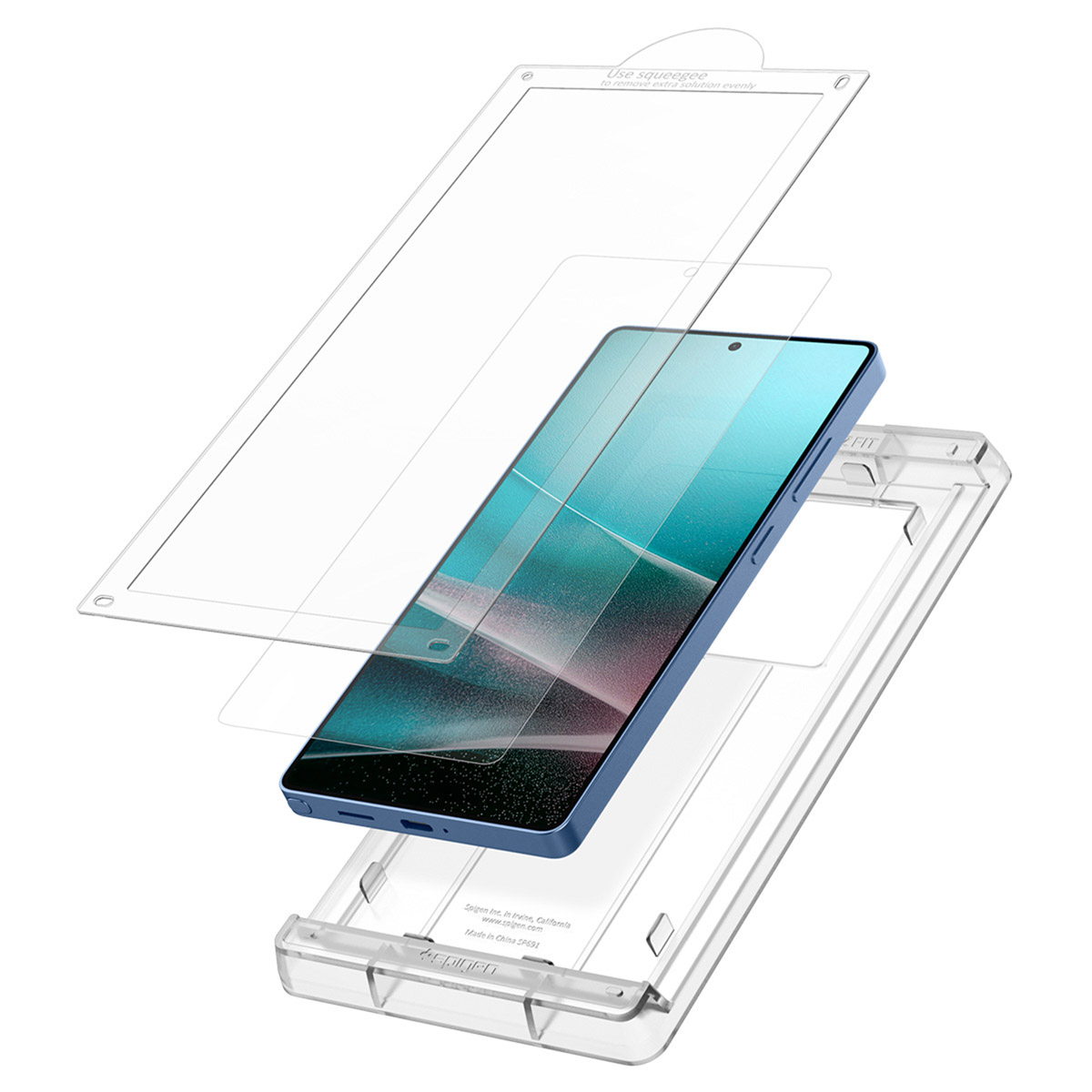 Un smartphone bleu avec un protecteur d'écran, un gabarit et un cadre d'installation.