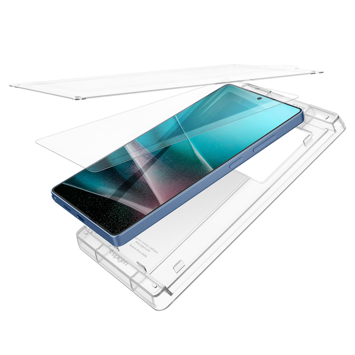 Un smartphone bleu est entouré d'un étui de protection et de protecteurs d'écran.