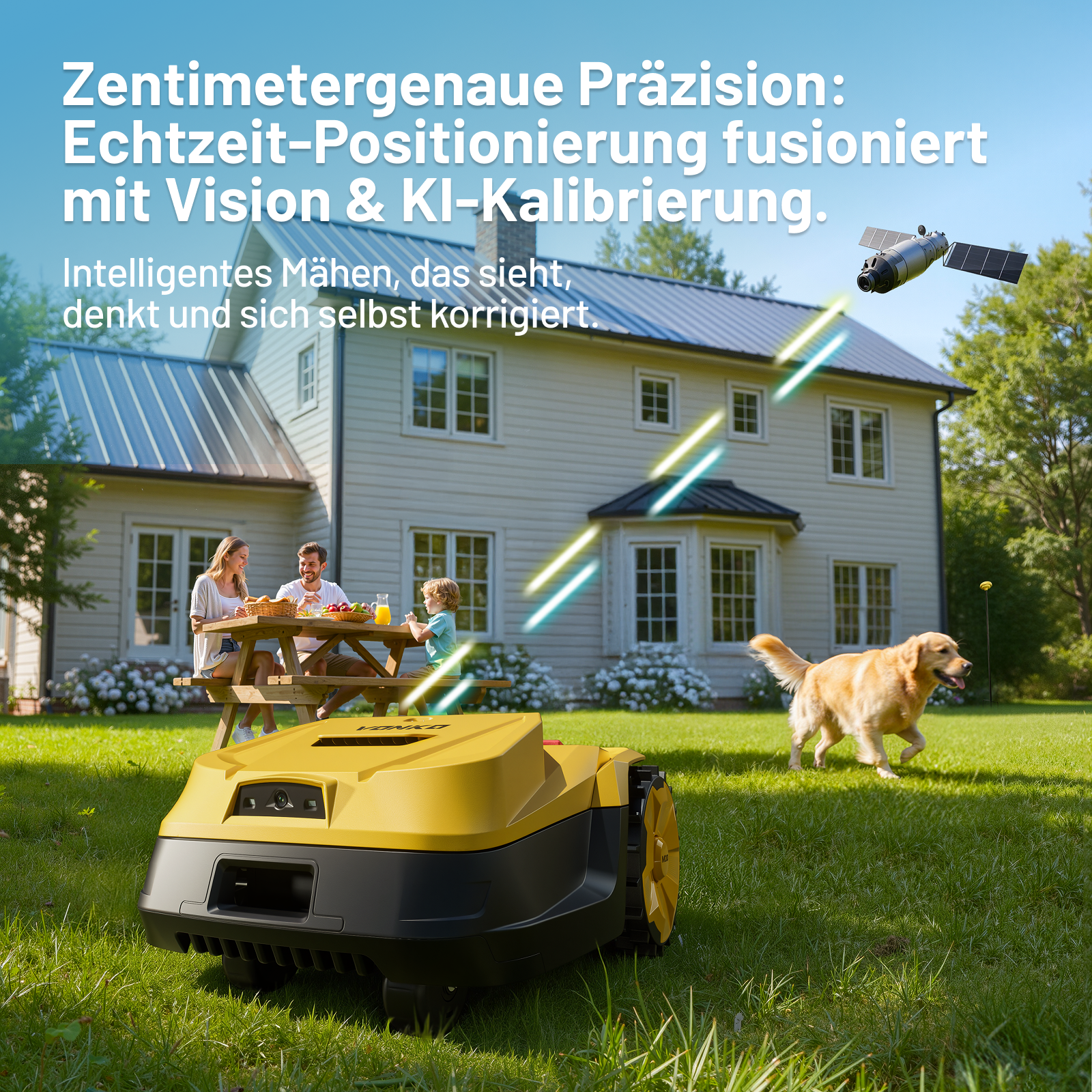 Ein Roboter-Rasenmäher steht auf einem Rasen vor einem Haus, wo eine Familie picknickt.