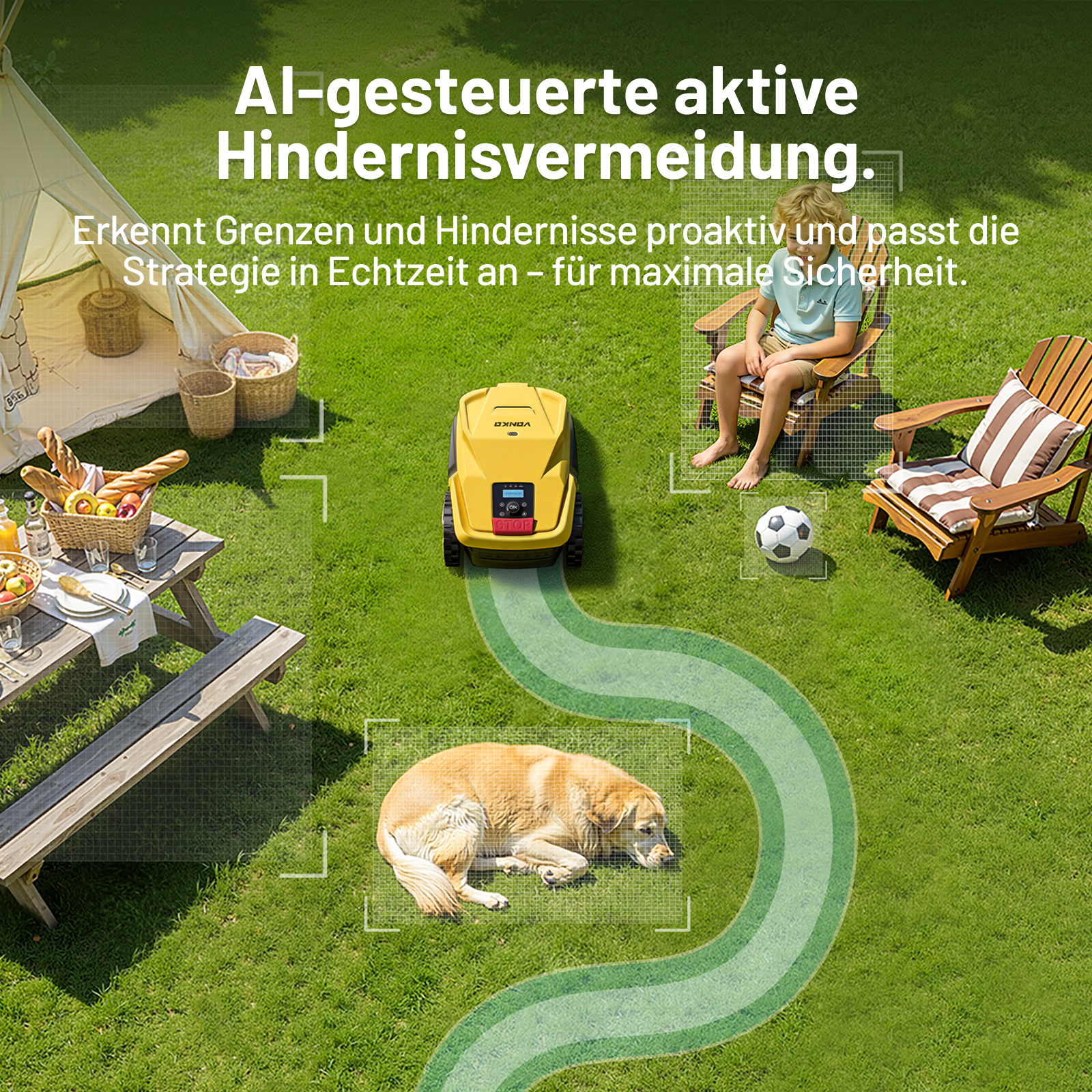 Ein Mähroboter umfährt einen Hund auf dem Rasen. Ein Kind sitzt im Hintergrund.