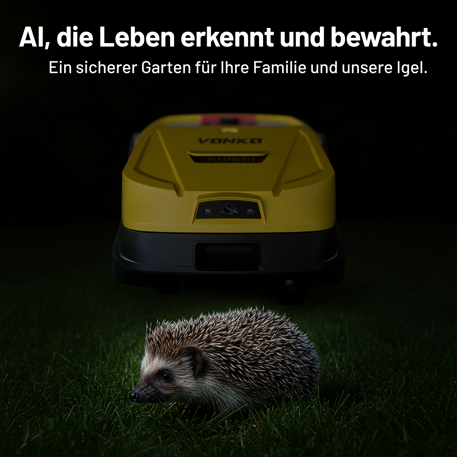 Ein Igel auf Gras vor einem gelben Rasenmähroboter.