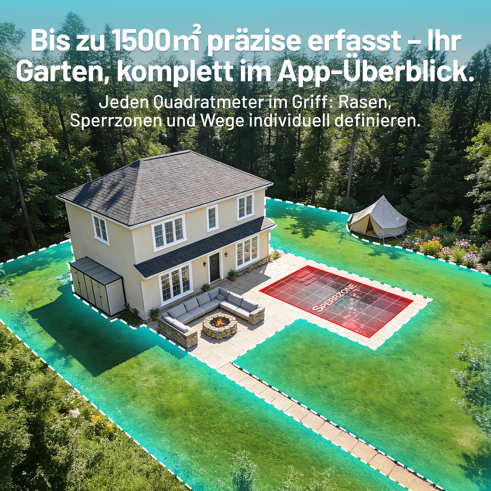 Haus mit Garten, markiertem Bereich und Zelt. Grasflächen sind grün, Sperrzone rot.
