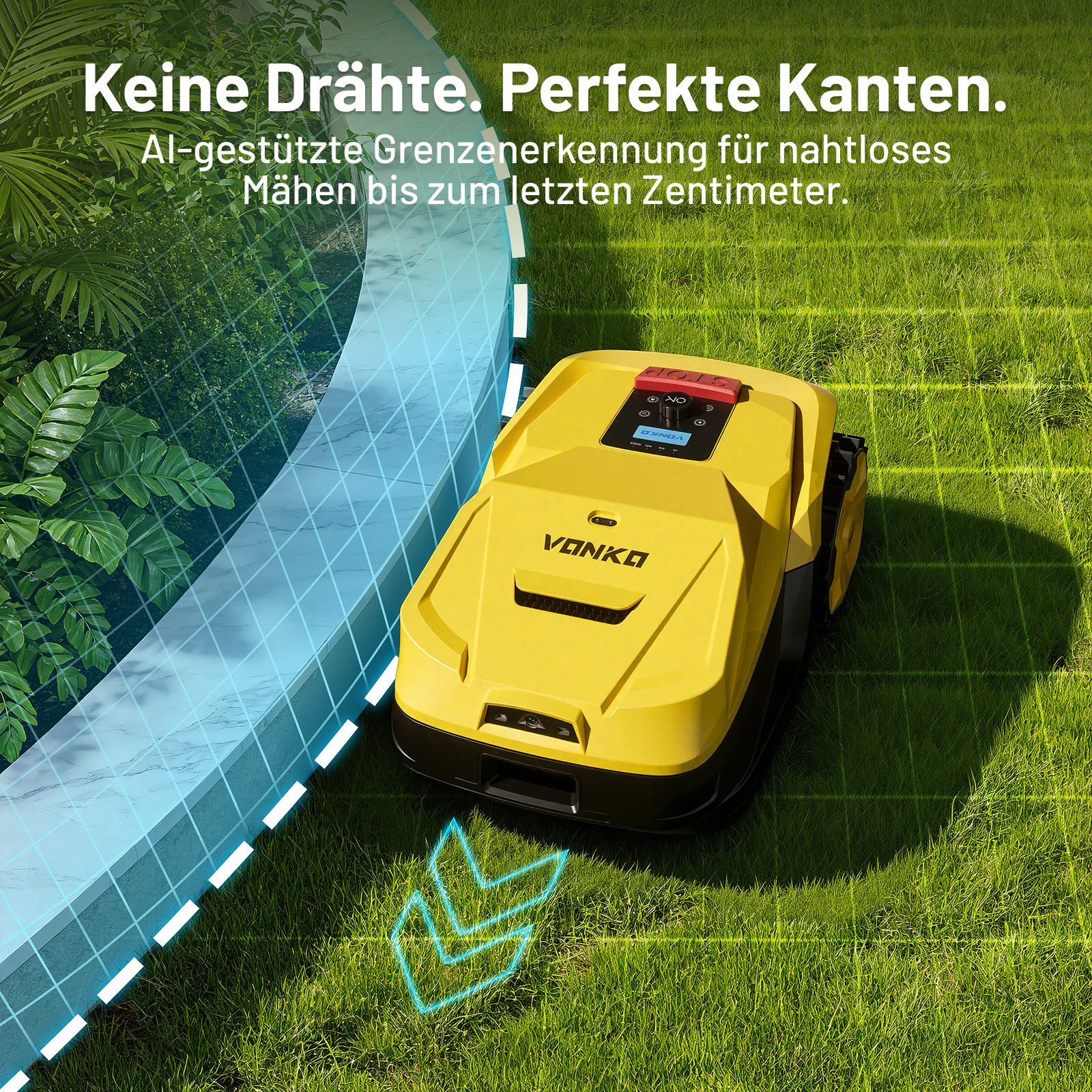 Ein gelber Mähroboter auf einem grünen Rasen, mit virtueller Grenze.