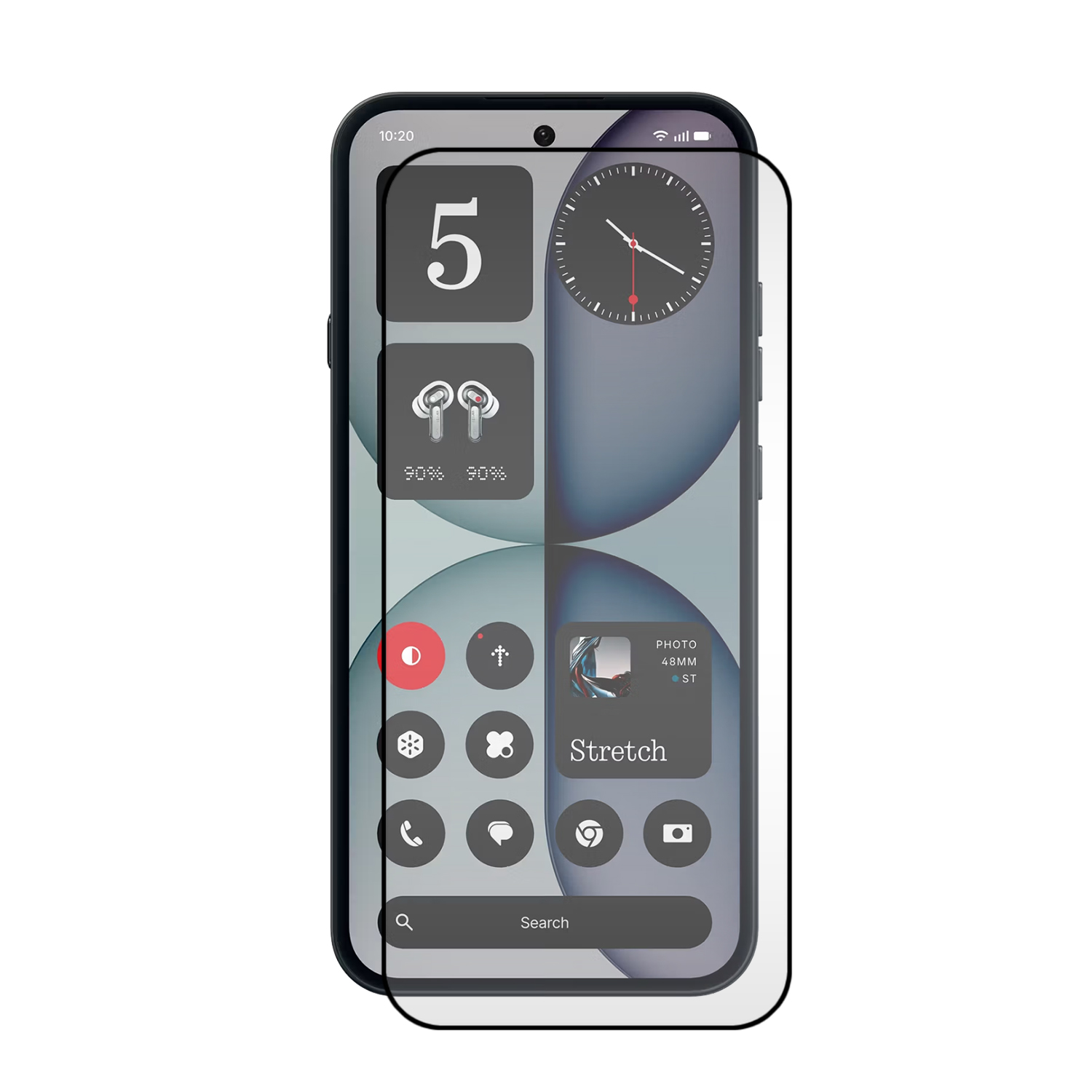 Smartphone met screenprotector, toont widgets zoals tijd en koptelefoon.