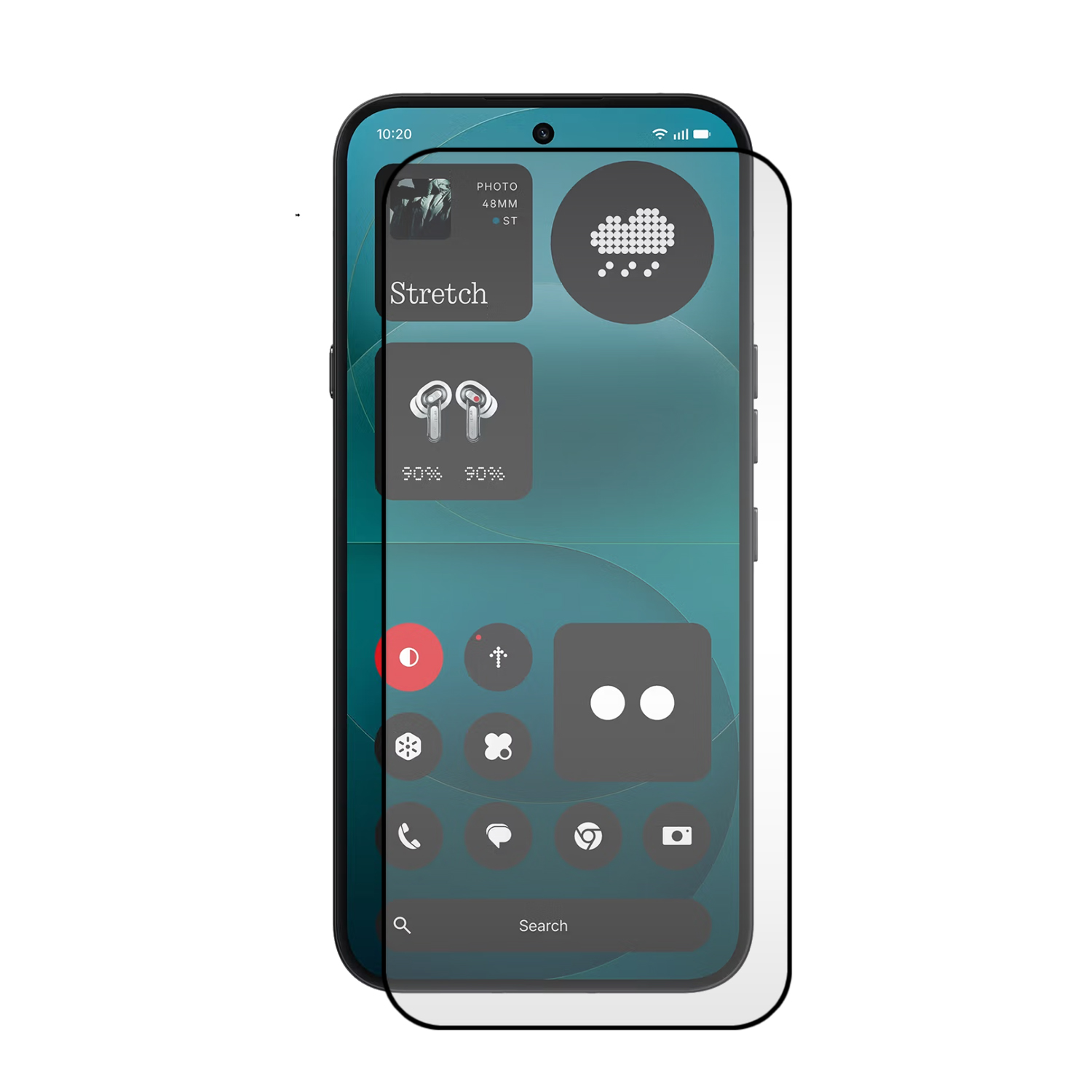Een smartphone met een screenprotector die een interface met app-pictogrammen en widgets toont.
