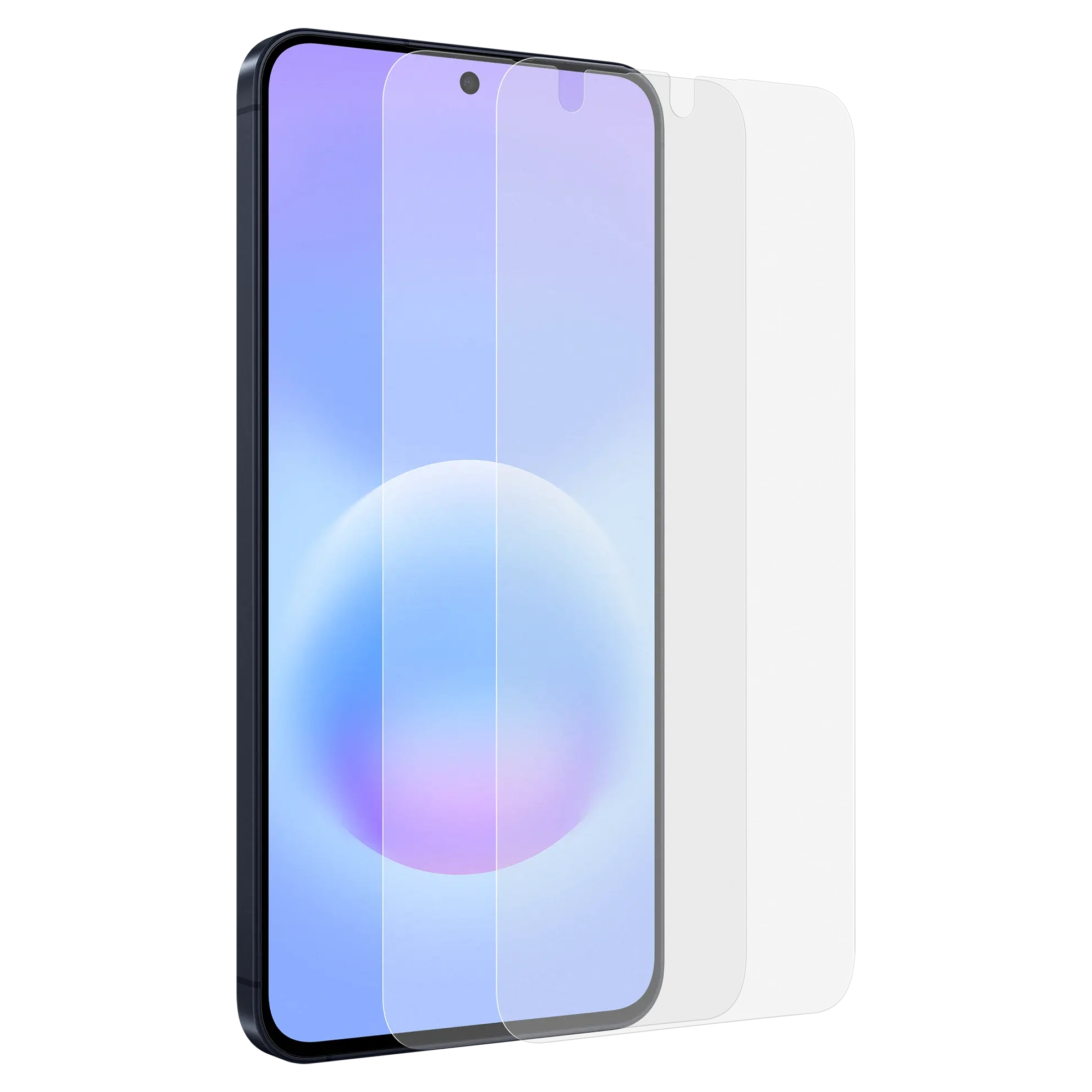 Un smartphone avec un protecteur d'écran, fond blanc.