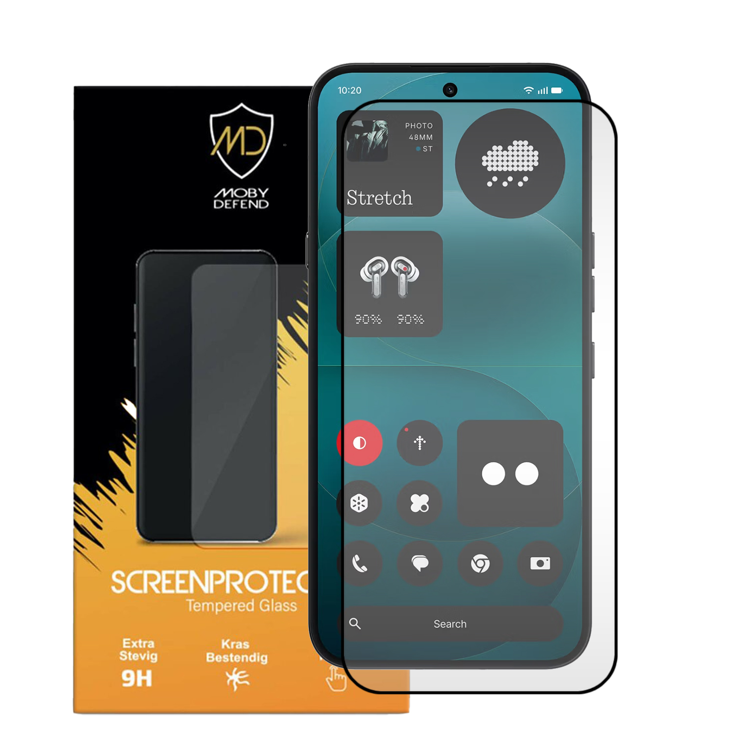 Verpakking voor screenprotector met ernaast een smartphone.