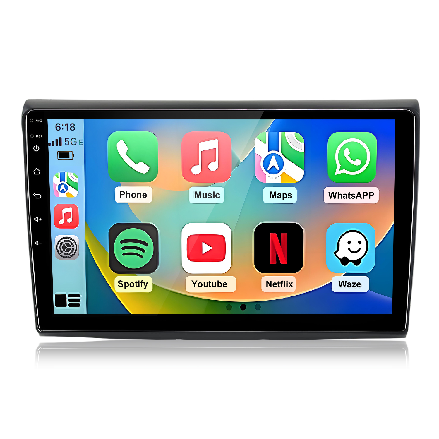 Schermo infotainment auto con app: Telefono, Musica, Mappe, WhatsApp, Spotify, Youtube, Netflix, Waze.