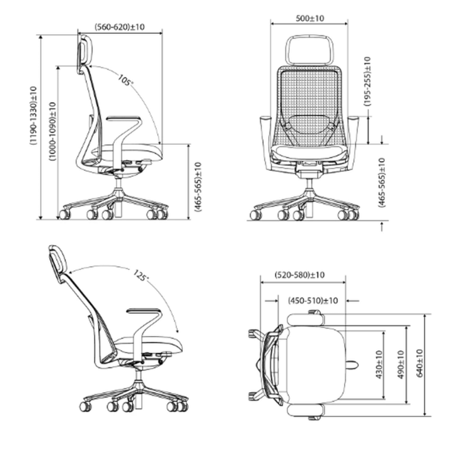 Rysunki techniczne krzesła biurowego pokazujące wymiary i kąty z różnych widoków.