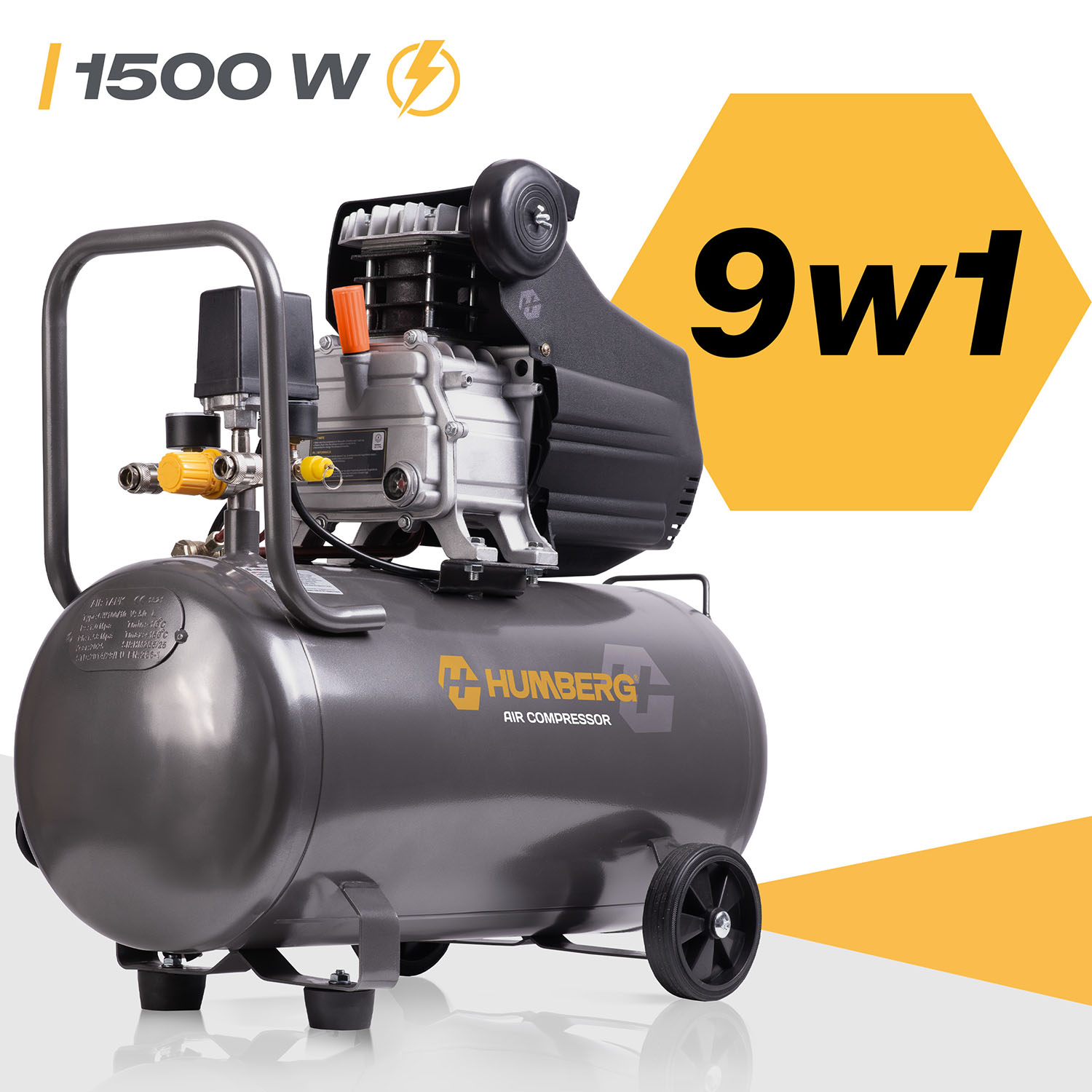 Szary kompresor powietrza Humberg, 1500 W, funkcja 9w1.
