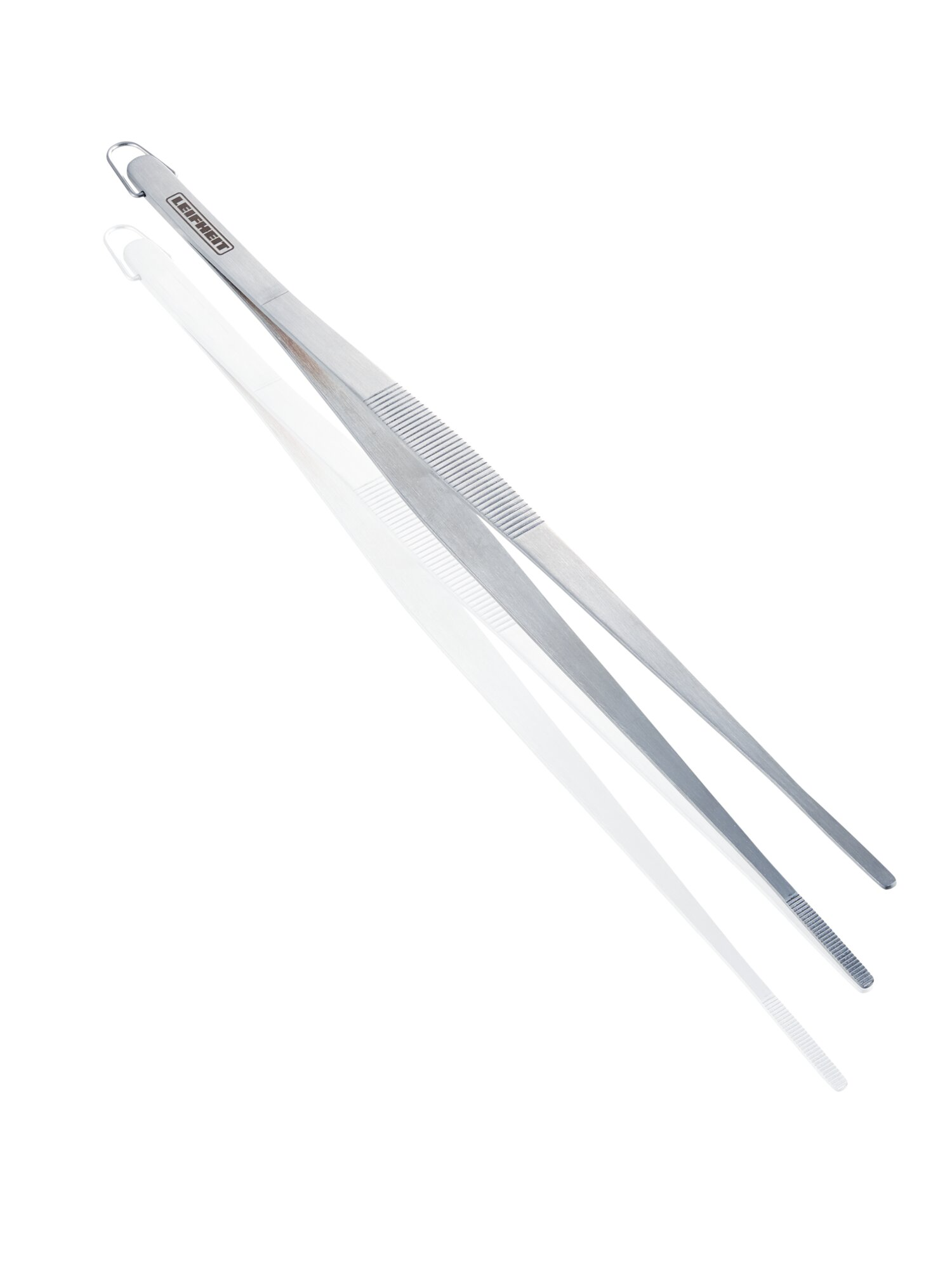 Pinze per barbecue in acciaio inox con punte scanalate e anello.