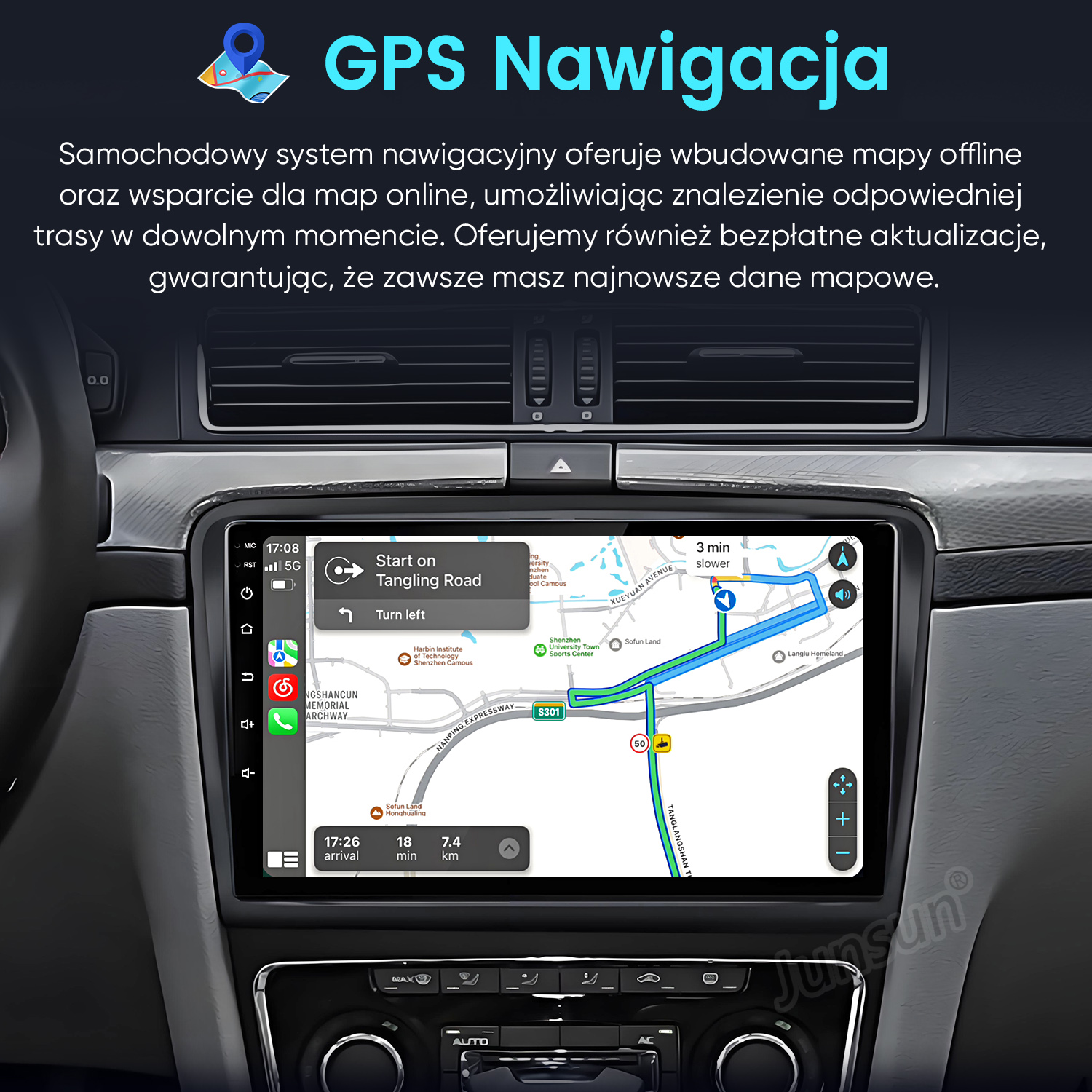 Nawigacja GPS w samochodzie: trasa, czas przyjazdu, dystans i prędkość.