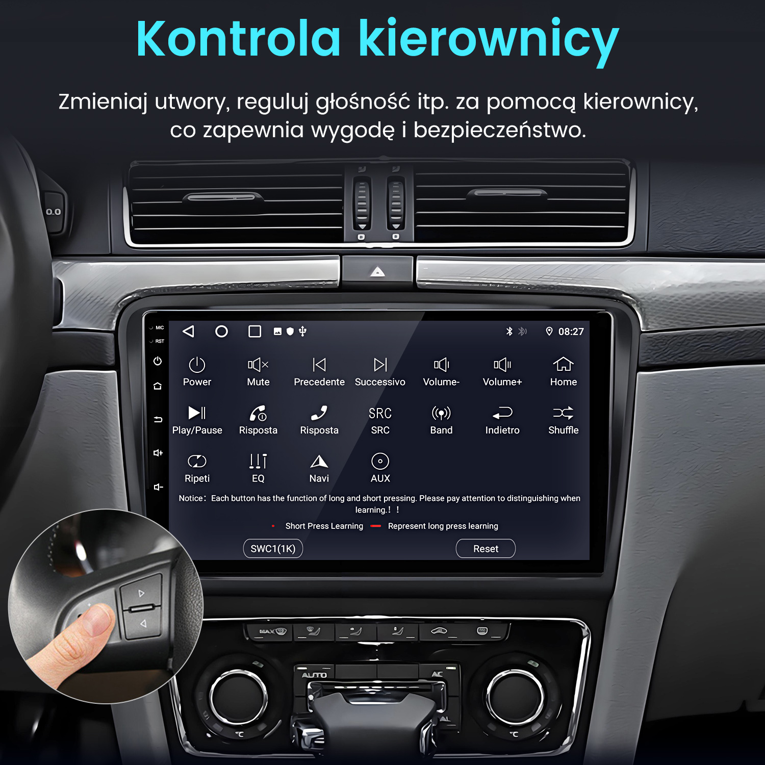 Palec naciska przyciski kierownicy, wyświetla się ekran radia samochodowego.