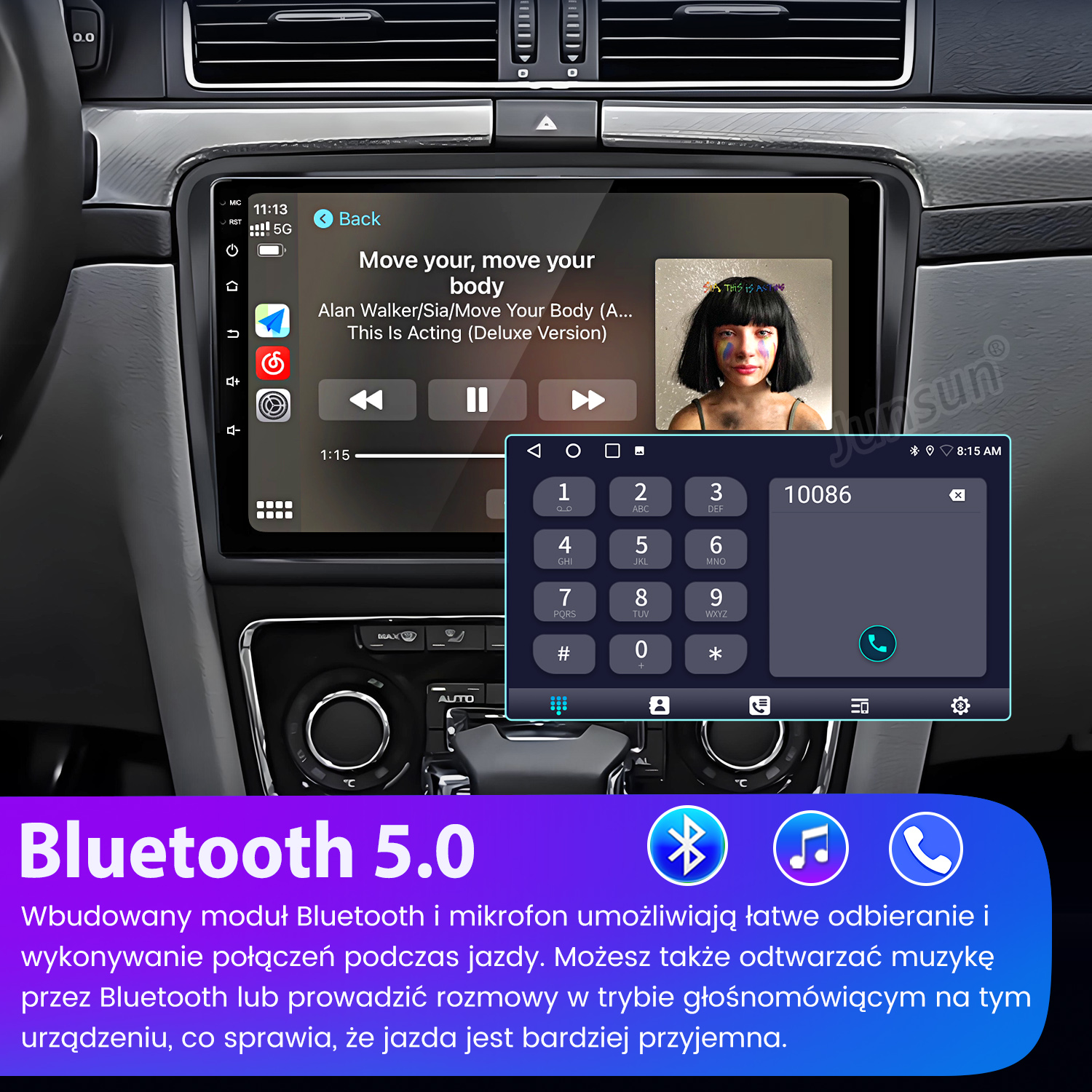 Ekran dotykowy auta wyświetla aplikację muzyczną, dialer i info Bluetooth 5.0.