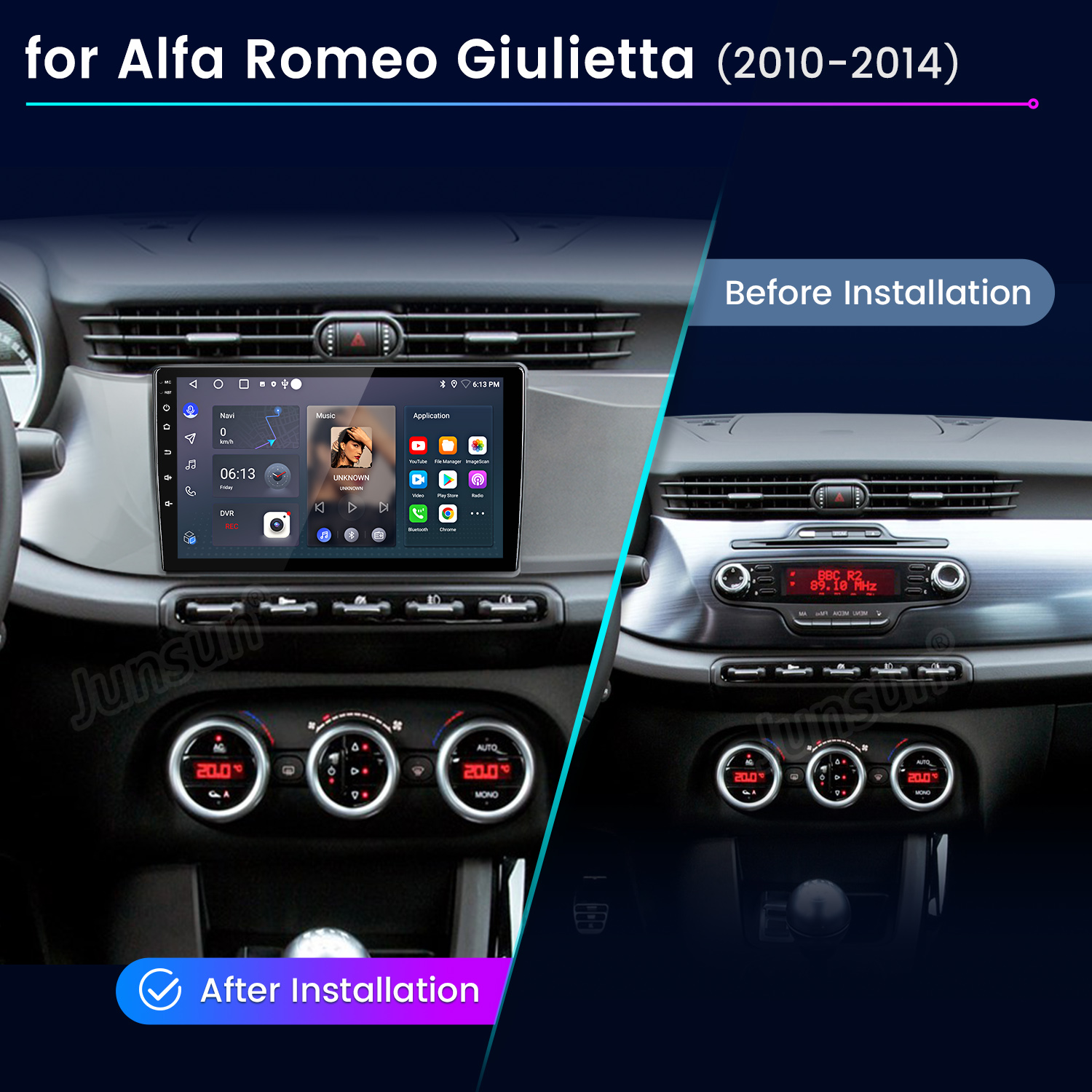 Porównanie deski rozdzielczej Alfa Romeo Giulietta przed i po instalacji nowego systemu infotainment.