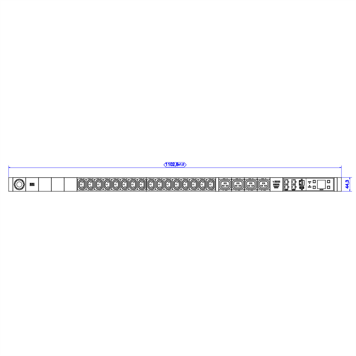 Technical drawing of a narrow black unit with many outlets.