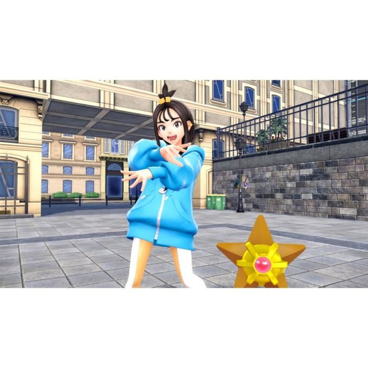 Dziewczyna anime w niebieskich ubraniach stoi obok złotej gwiazdy w mieście.