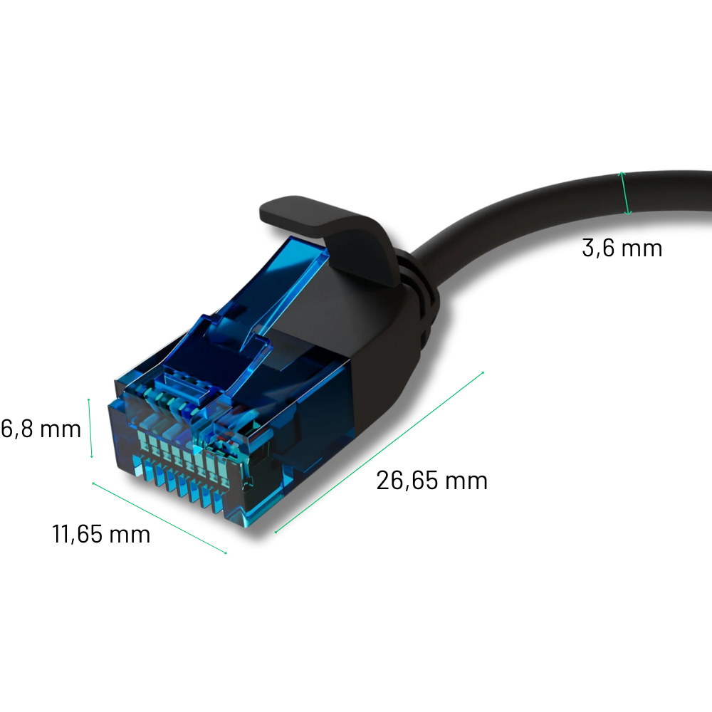Şeffaf mavi konektörlü ve boyutlu siyah Ethernet kablosu.