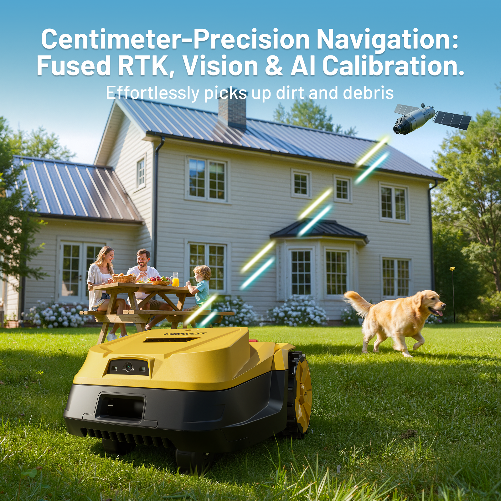Żółty robot koszący trawę na pierwszym planie. Rodzina je przy stole piknikowym.