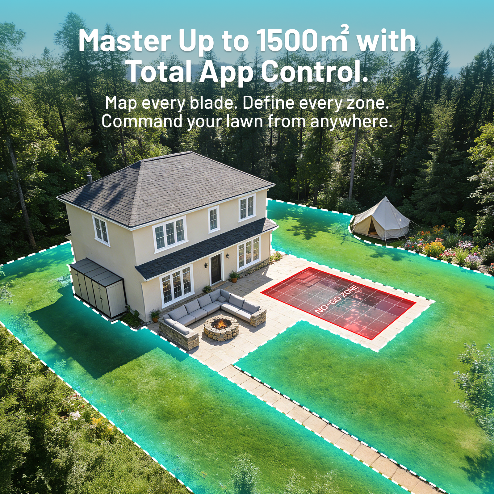 Dom z ogrodem, trawnikami, patio, paleniskiem, namiotem i czerwoną strefą "zakazaną".