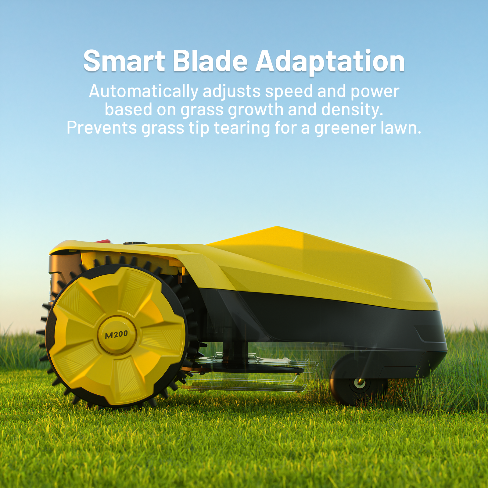 Żółty robot koszący porusza się po zielonej trawie pod błękitnym niebem.