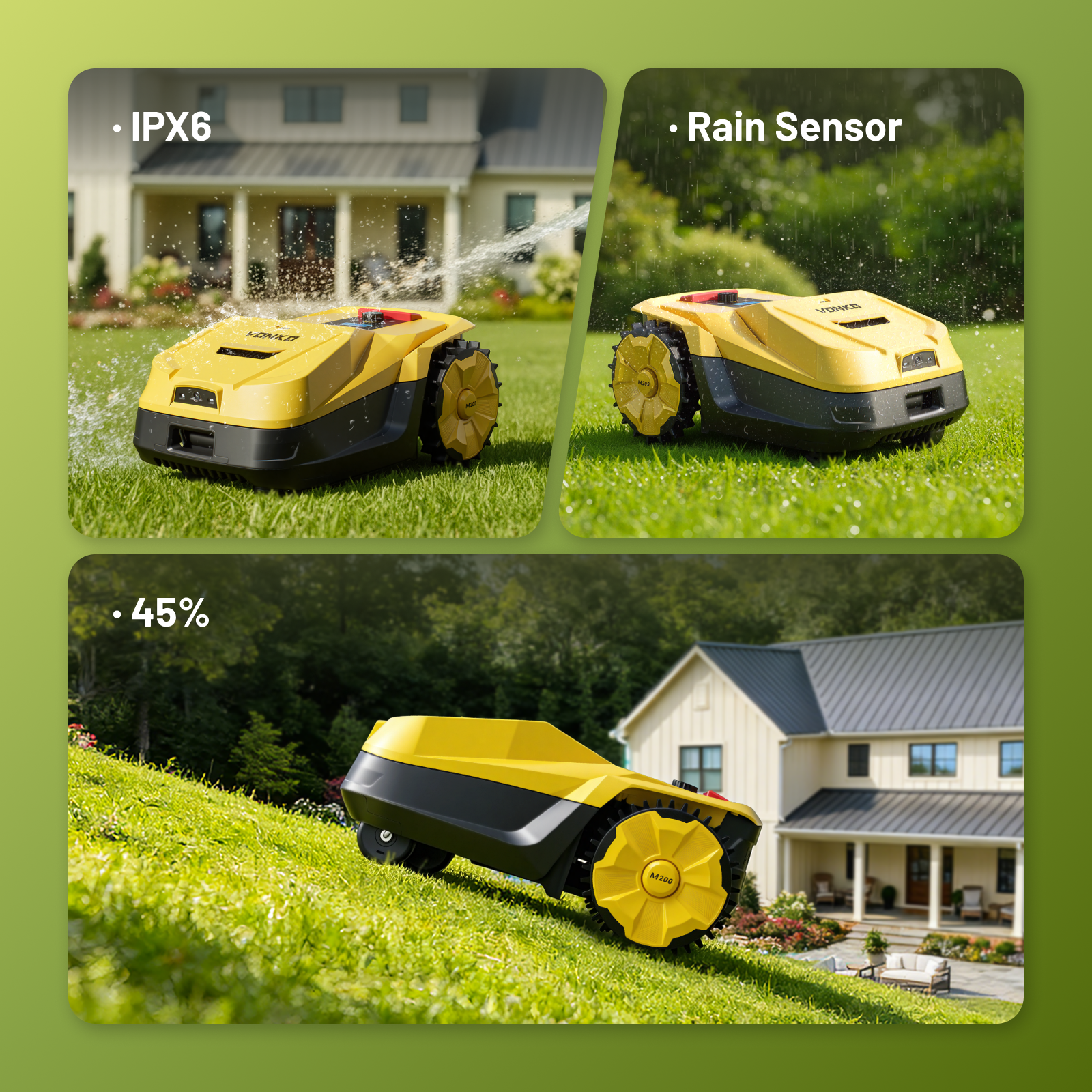 Żółty robot koszący na trawie wystawiony na działanie wody i deszczu.