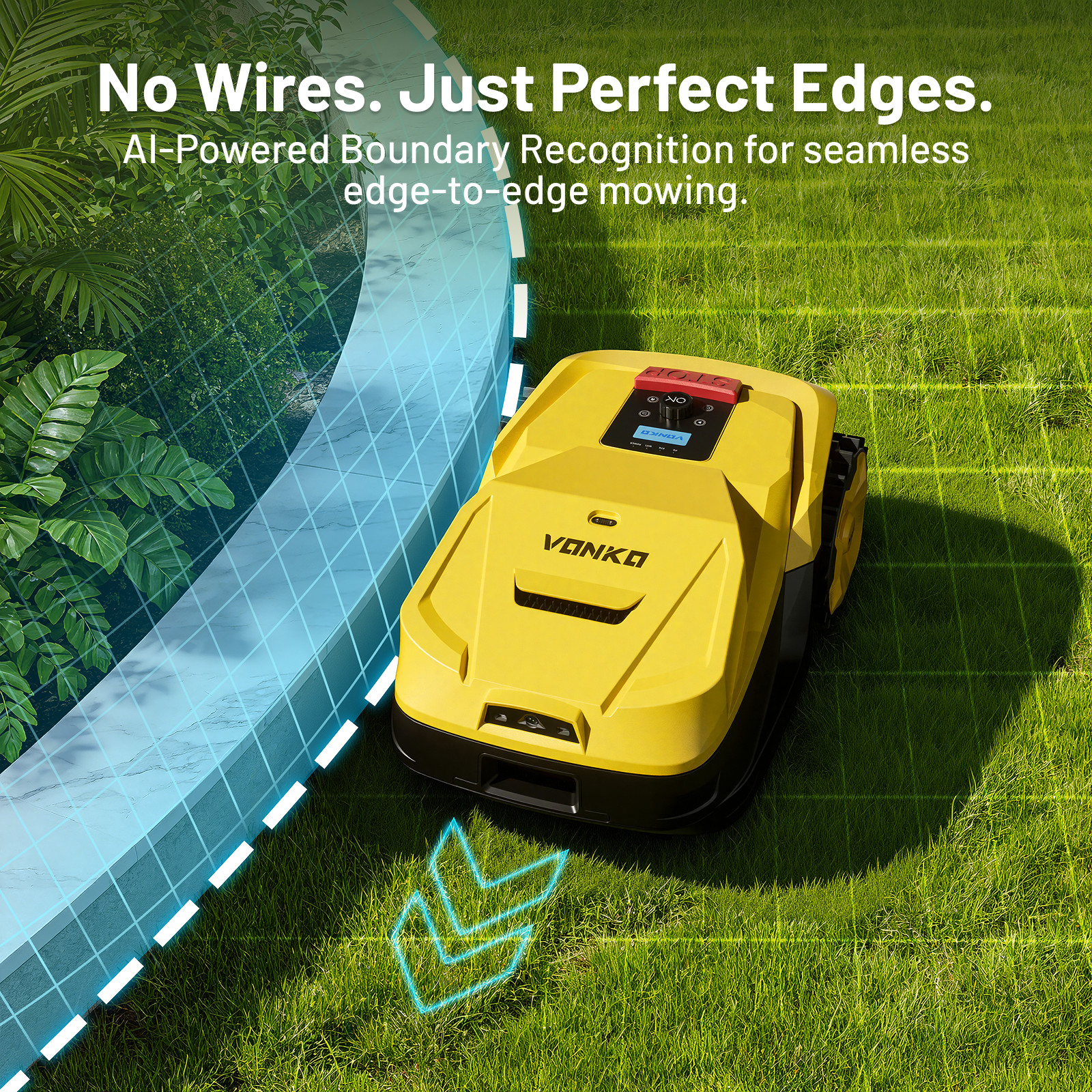 Żółty robot koszący na trawie z cyfrową linią graniczną.