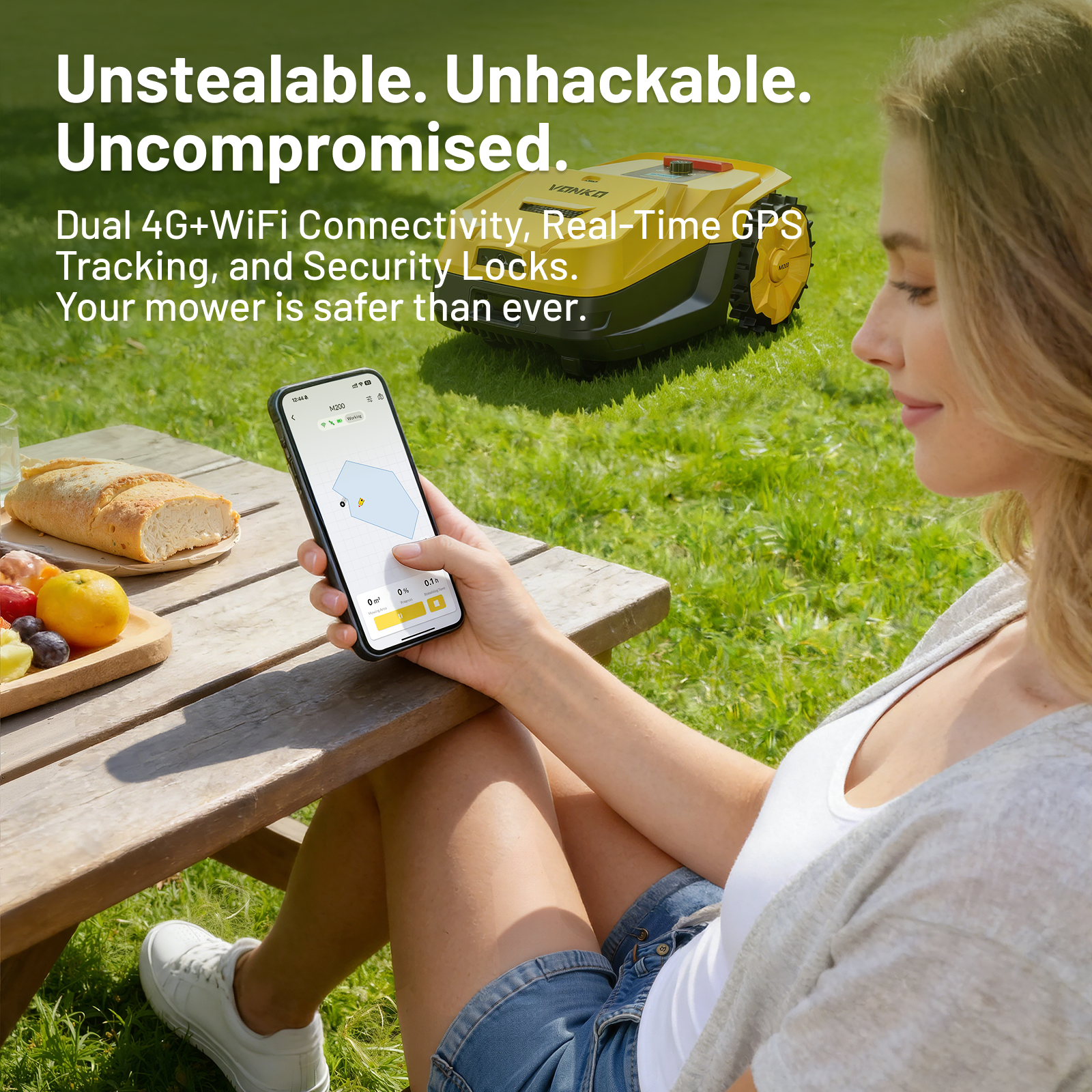 Kobieta trzyma smartfon z aplikacją kosiarki, w tle kosiarka robotyczna.