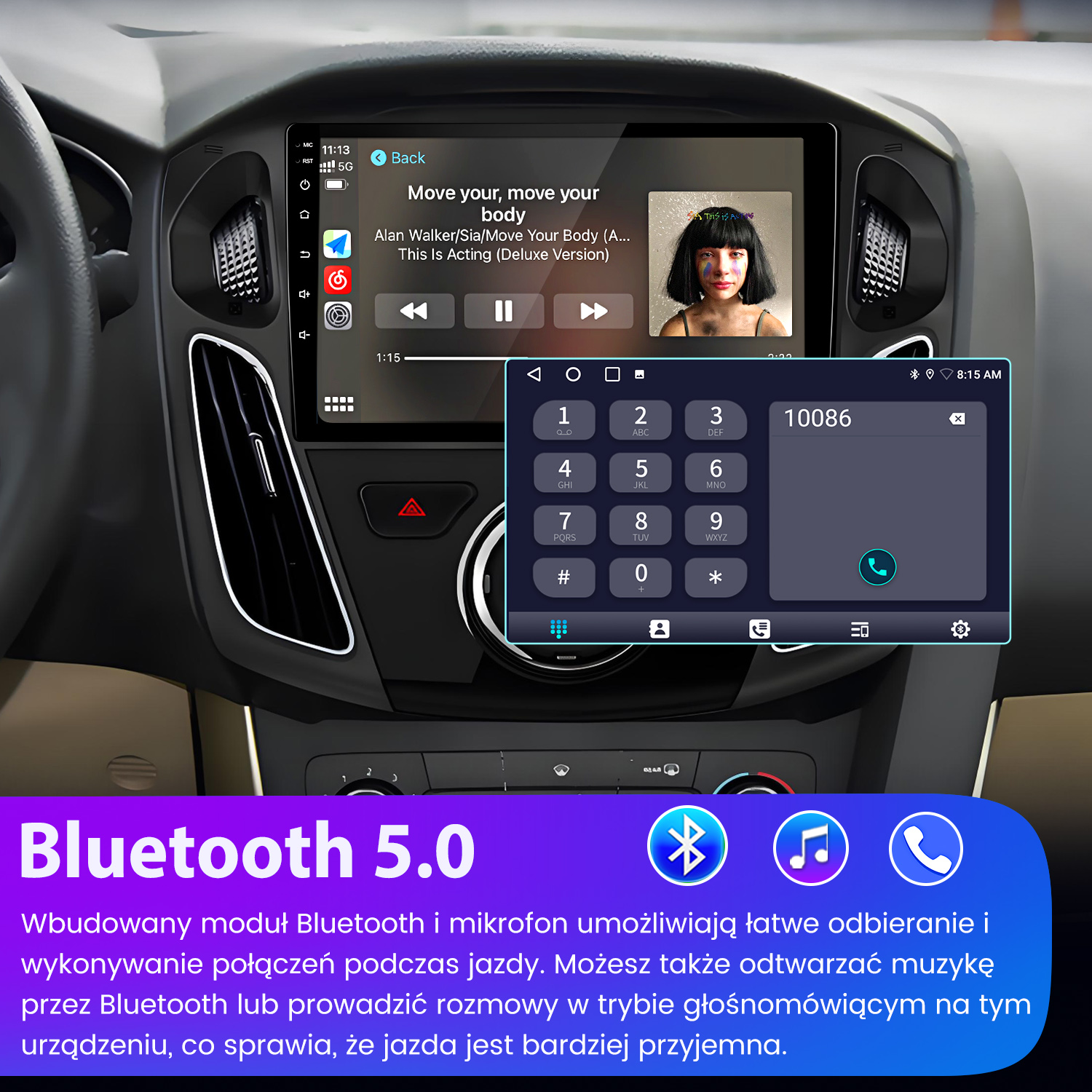 Ekran dotykowy samochodu wyświetla aplikację muzyczną z tytułem, artystą i okładką.