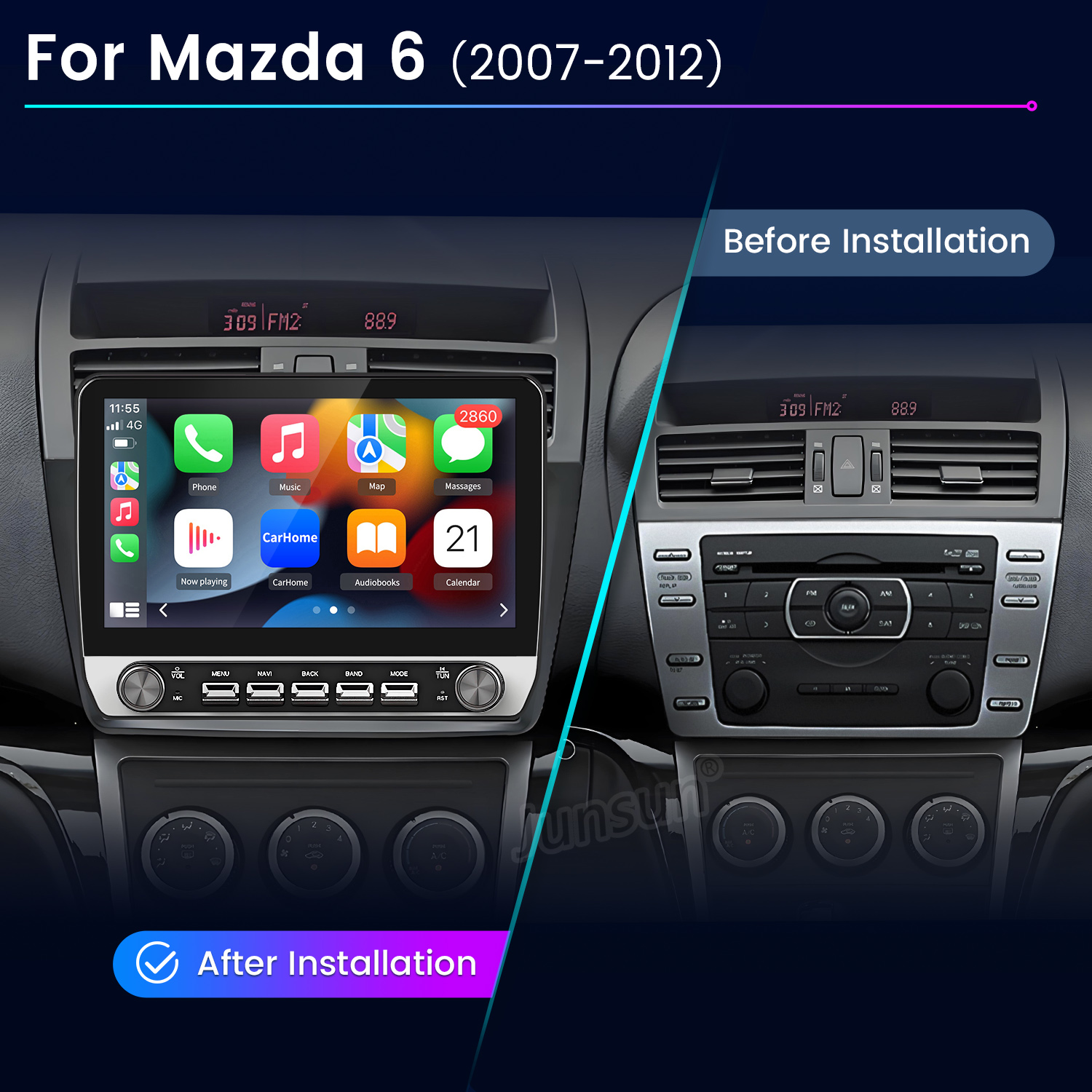 Porównanie deski rozdzielczej Mazdy 6 przed i po instalacji nowego systemu infotainment.